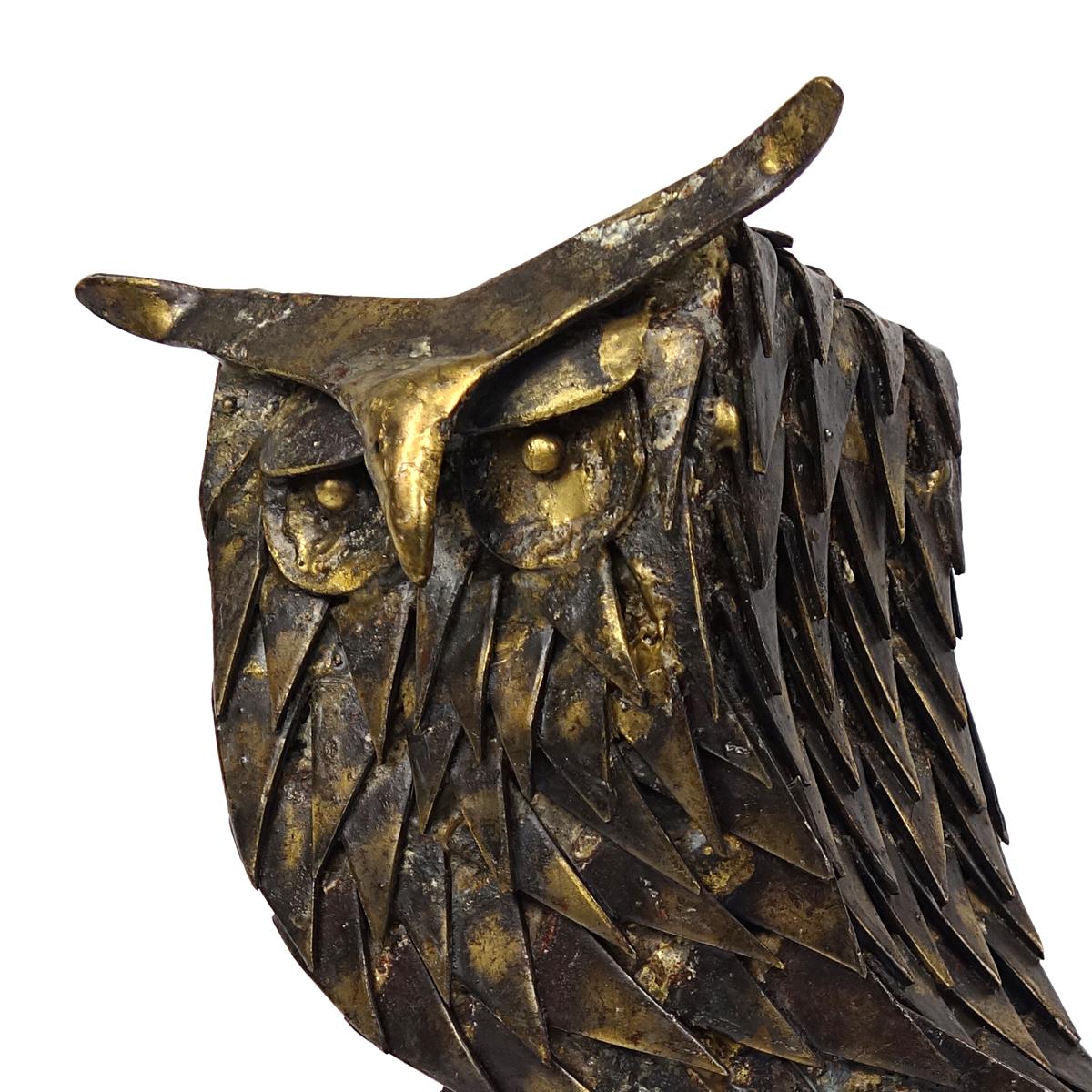 Mid-Century Modern Heavy Copper Owl Sitting on a Birch Trunk 3