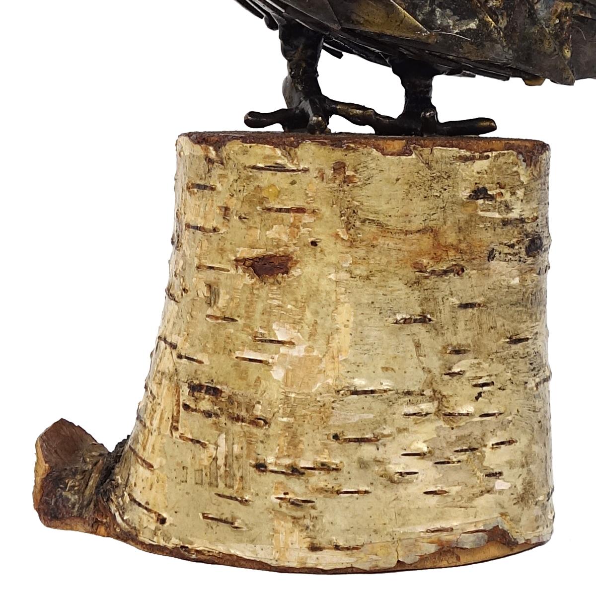 Mid-Century Modern Heavy Copper Owl Sitting on a Birch Trunk 6