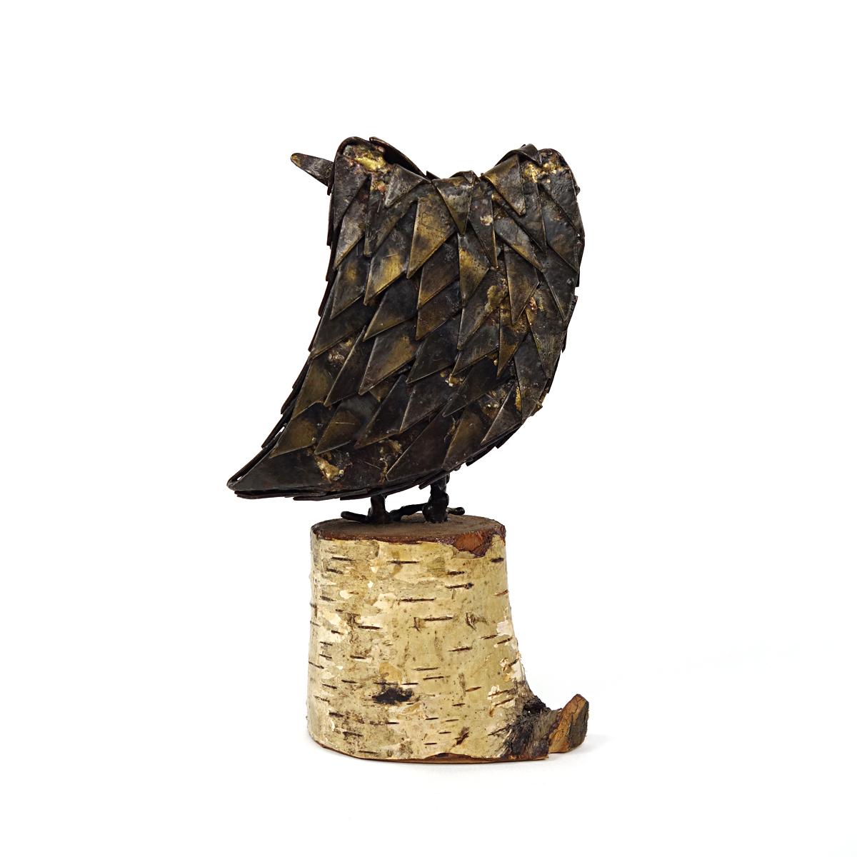 Dutch Mid-Century Modern Heavy Copper Owl Sitting on a Birch Trunk