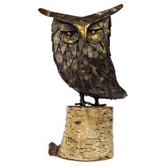 Mid-Century Modern Heavy Copper Owl Sitting on a Birch Trunk