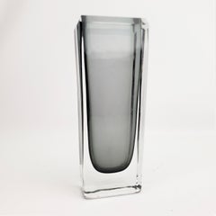 Mid-Century Modern Heavy Grey & Clear Artist Signed Rectangular Art Glass Vase
