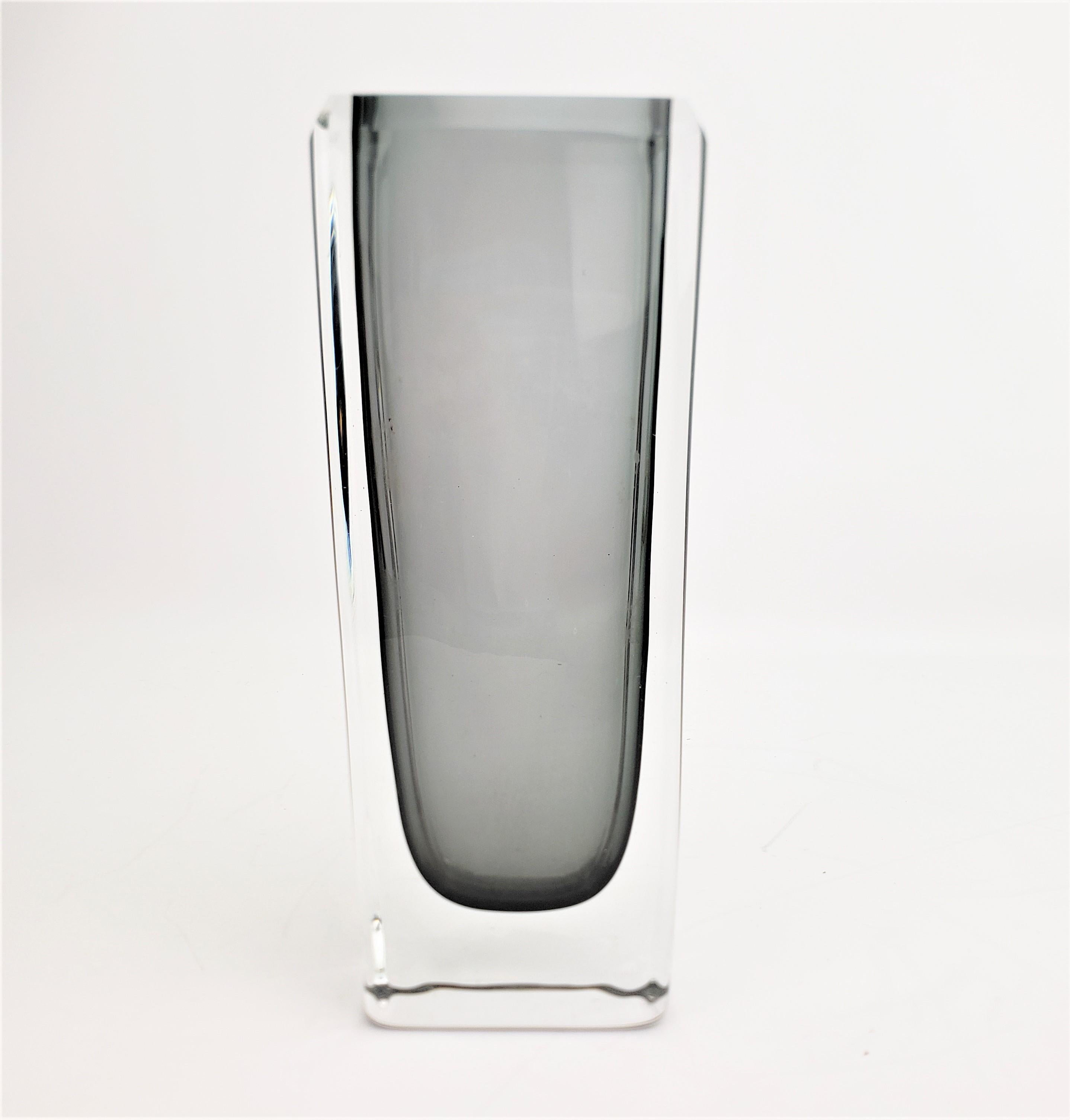 Swedish Mid-Century Modern Heavy Grey & Clear Artist Signed Rectangular Art Glass Vase For Sale