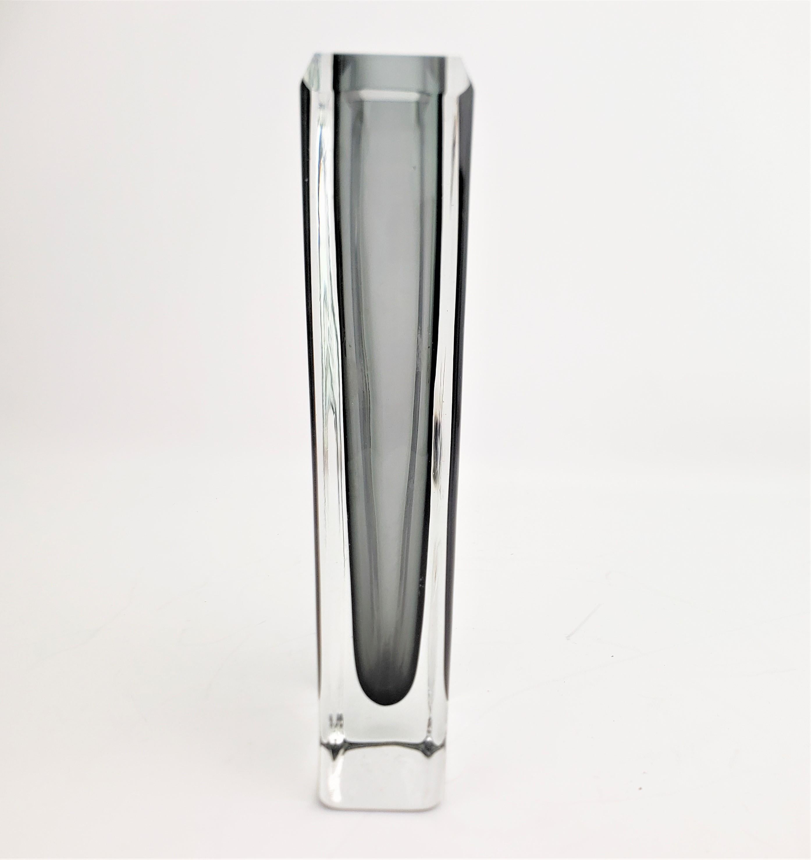 Hand-Crafted Mid-Century Modern Heavy Grey & Clear Artist Signed Rectangular Art Glass Vase For Sale