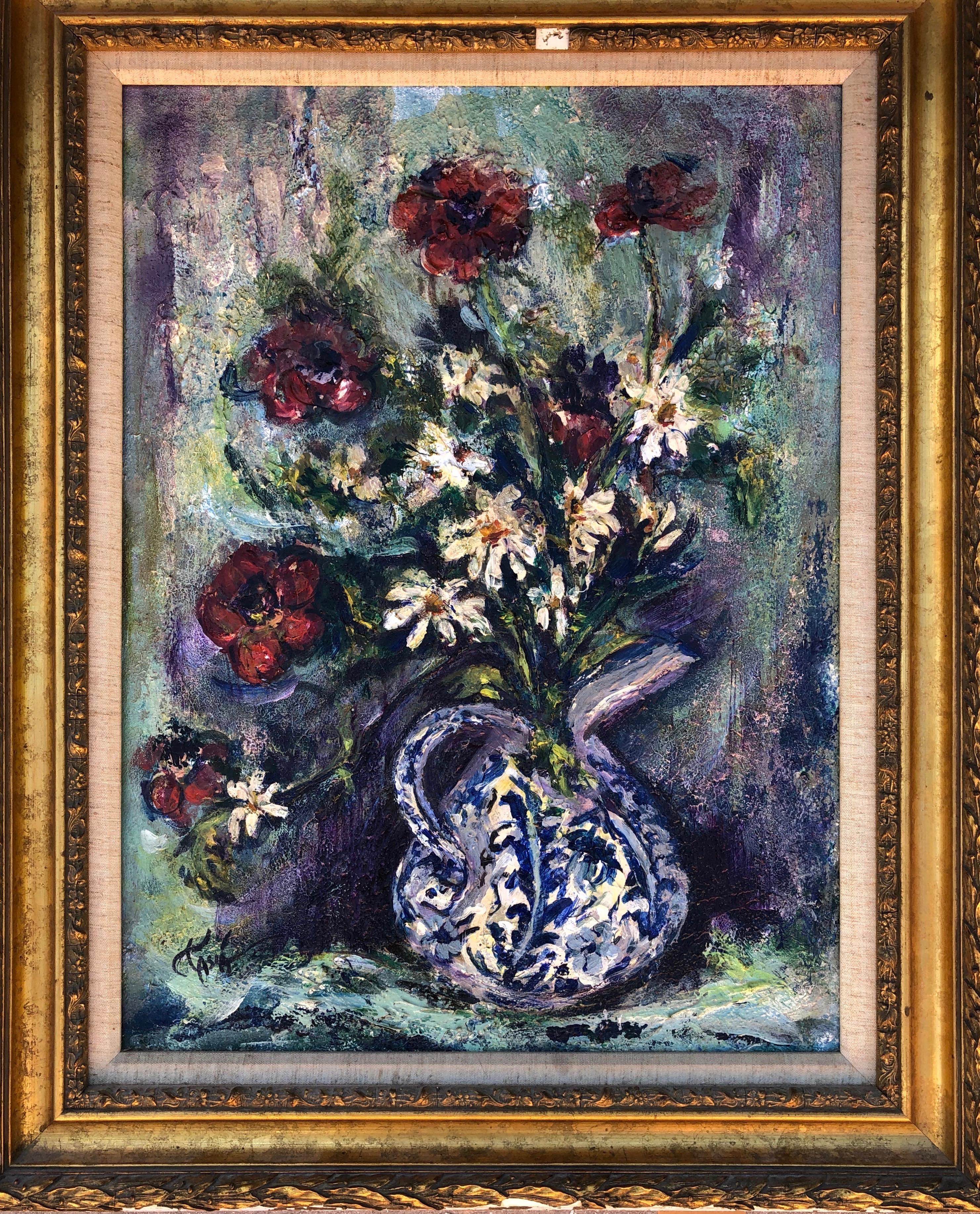 Peinture à l'huile de nature morte florale moderne du milieu du siècle dernier, en lourd empâtement, circa 1950s

Une brillante peinture à l'huile originale réalisée par un artiste mystérieux. Le tableau est signé dans le coin inférieur gauche.