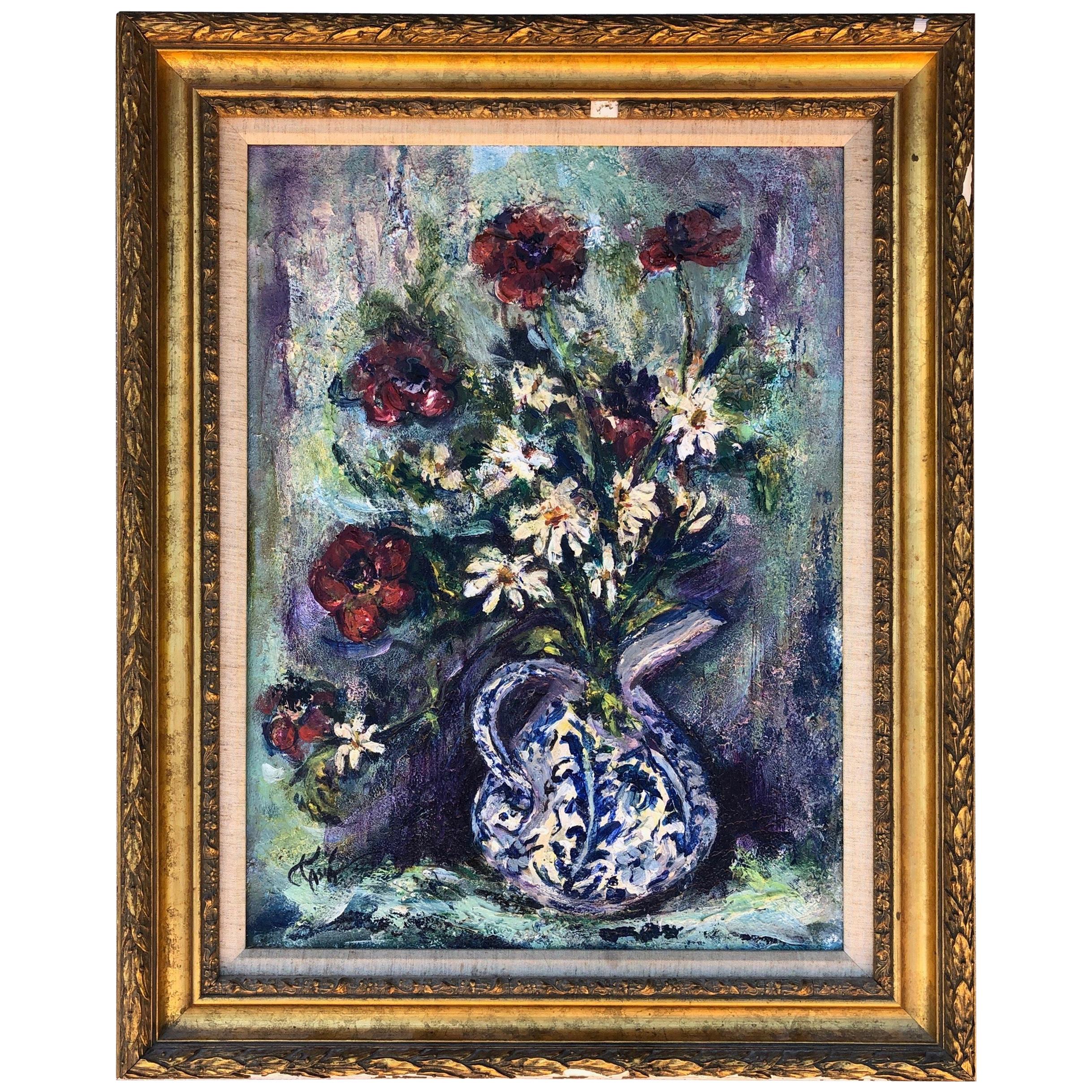 Mid-Century Modern Heavy Impasto Floral Still Life Oil Painting, circa 1950s For Sale