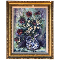 Peinture à l'huile de nature morte florale en empâtement lourd, circa 1950s