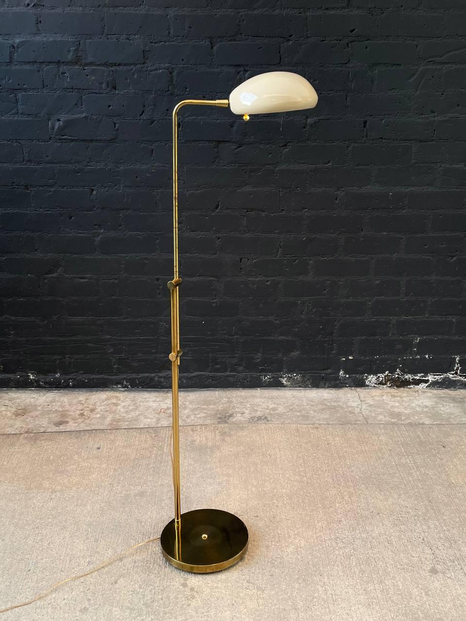 North American Mid-Century Modern Height Adjustable Porcelain & Brass Swivel Floor Lamp