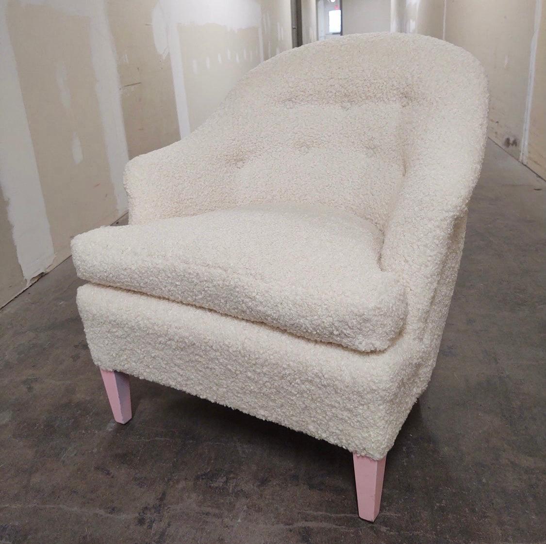 Featuring new boucle faux shearling and pink, yes pink, legs, is this Henredon spoon back chair. Iconic midcentury lines throughout and the fabric is to die for. Now, more than ever, home is where the heart is.
