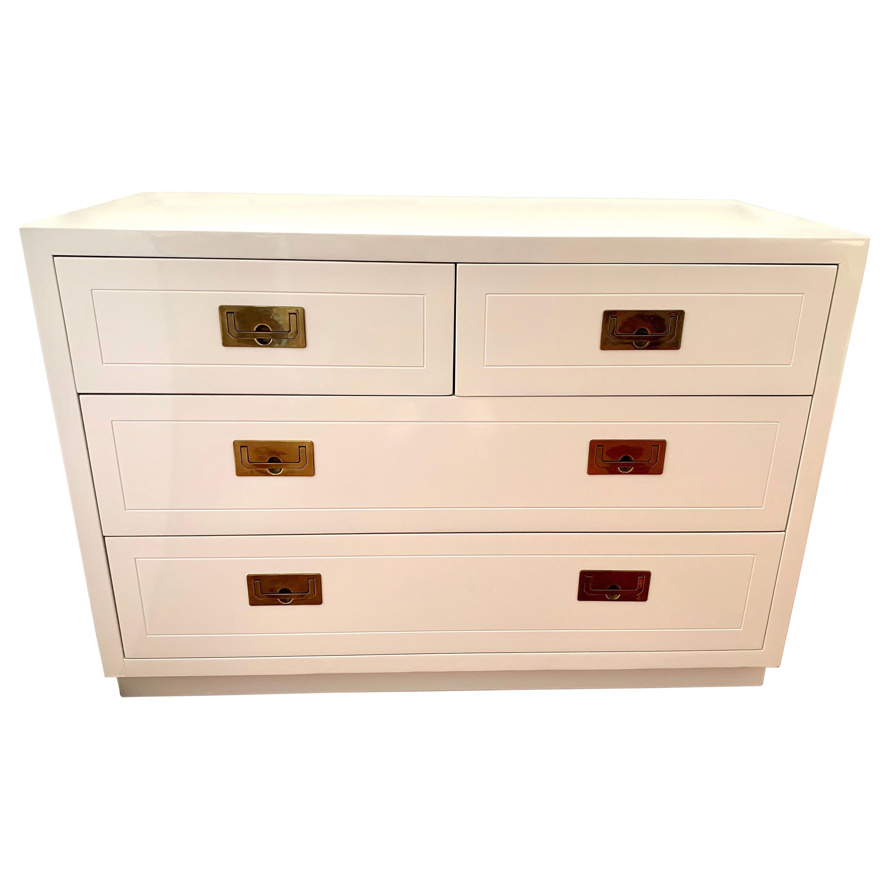 Mid-Century Modern Henredon Newly White Lacquered Campaign Style Chest Drawers