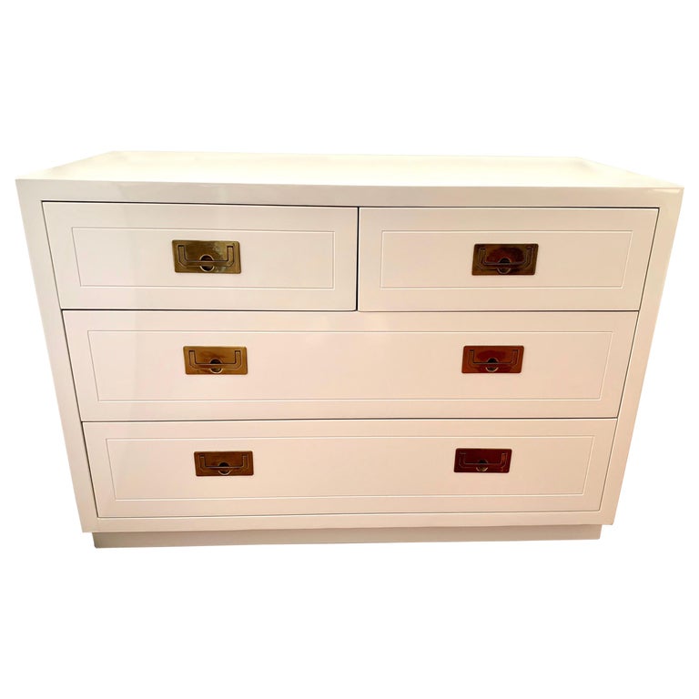 Mid-Century Modern Henredon Newly White Lacquered Campaign Style Chest  Drawers For Sale at 1stDibs