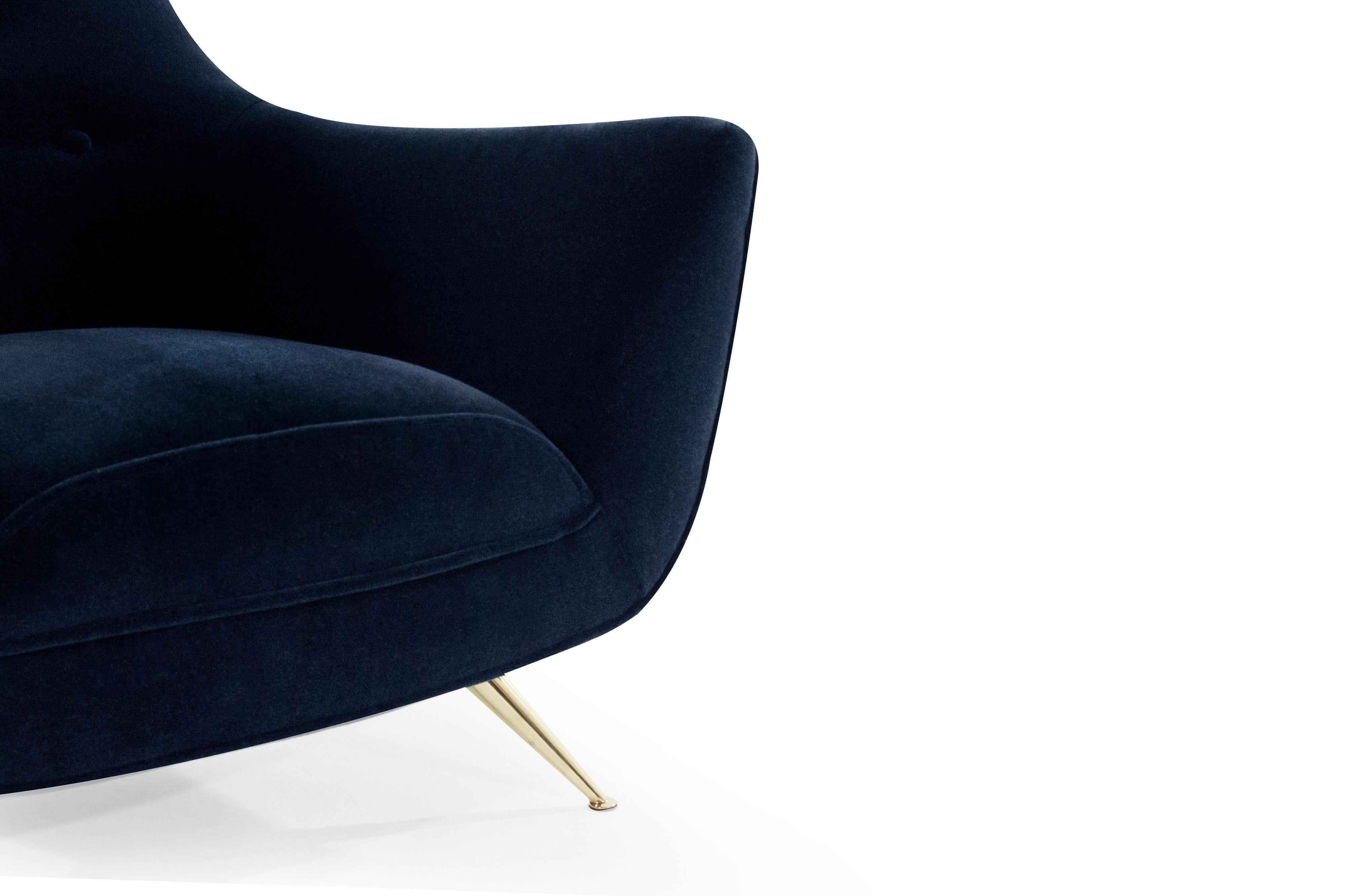 Brass Mid-Century Modern Henry Glass Lounge Chairs in Navy Mohair