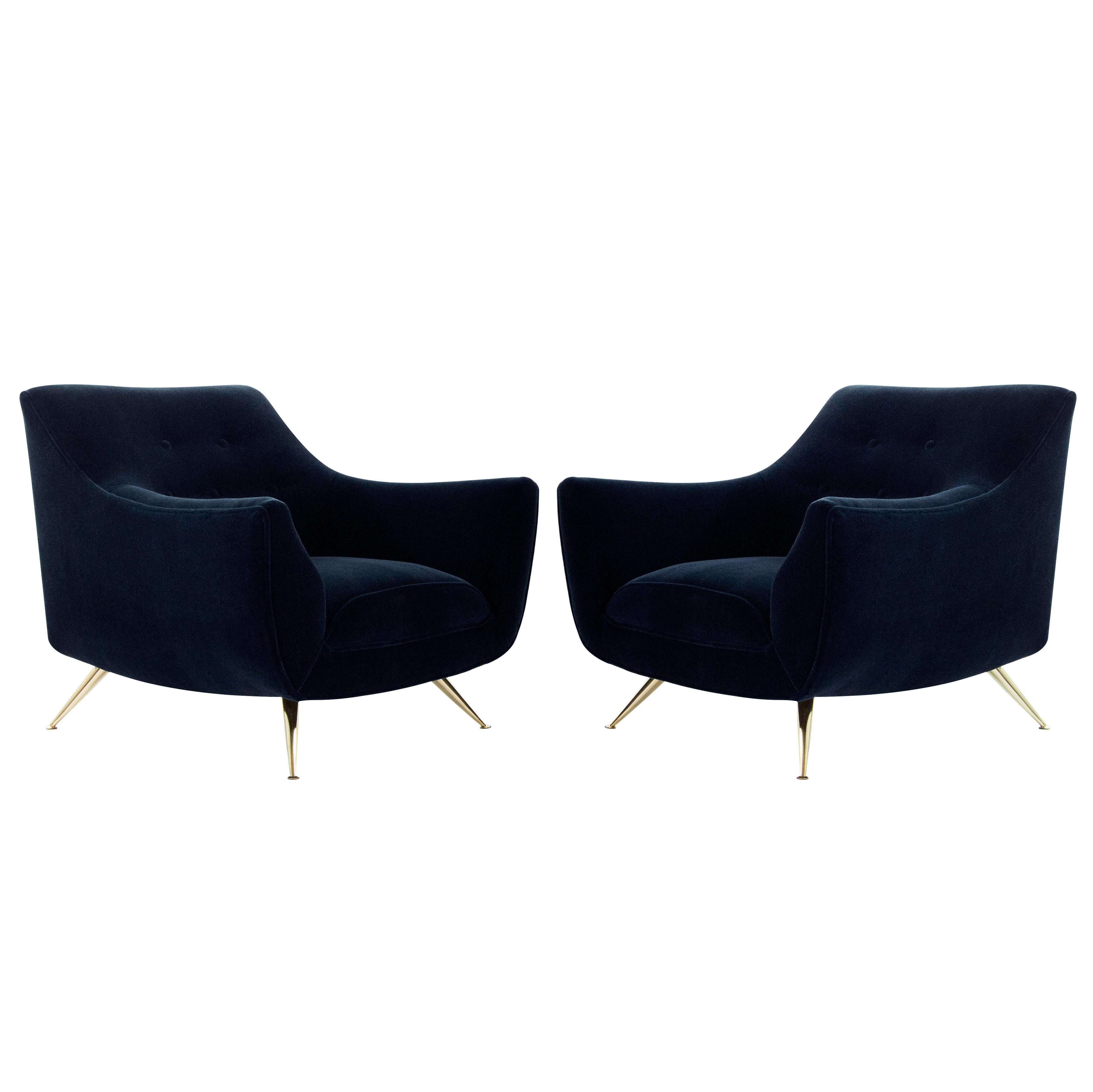 Mid-Century Modern Henry Glass Lounge Chairs in Navy Mohair