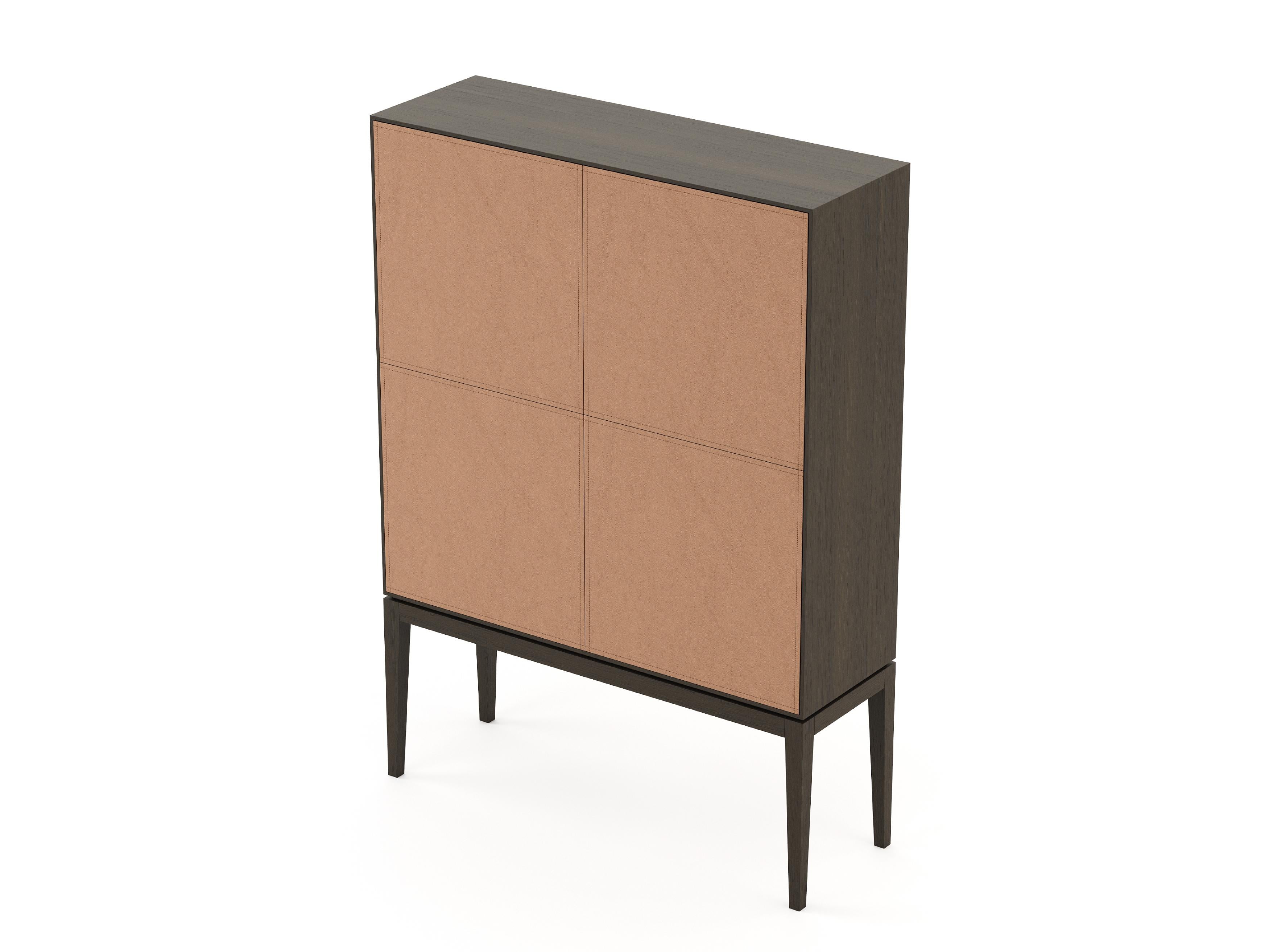 Portuguese Mid-Century Modern Heritage Bar Cabinet Made with Oak and Leather Details For Sale