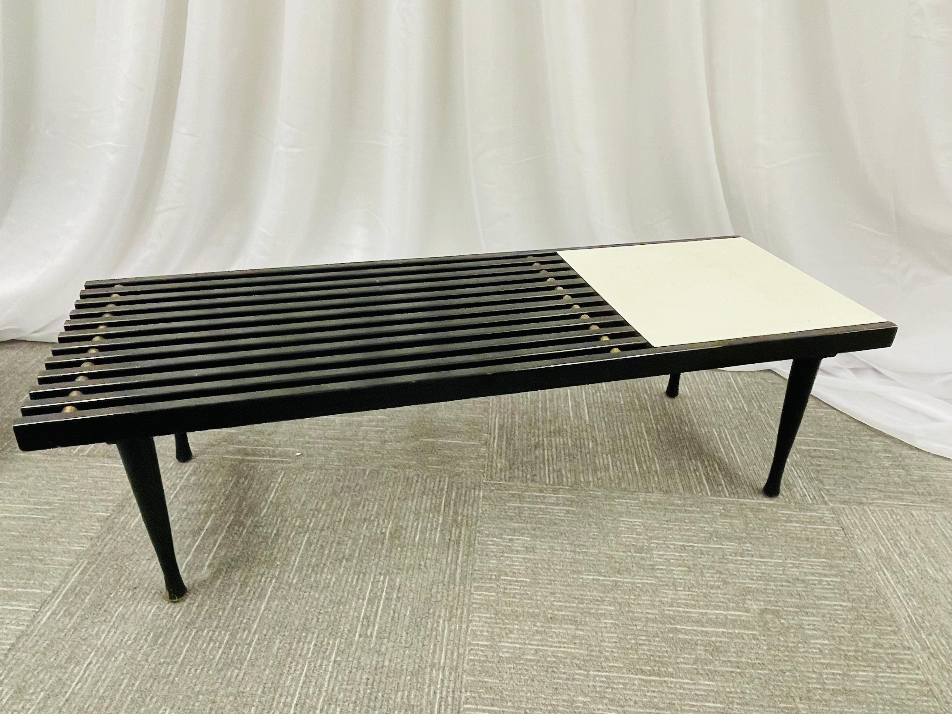 Mid-Century Modern Herman Miller George Nelson slat style brass and ebony coffee table or slat bench. Clean and sweet side or coffee cocktail table with a slat top and Formica side serving side.