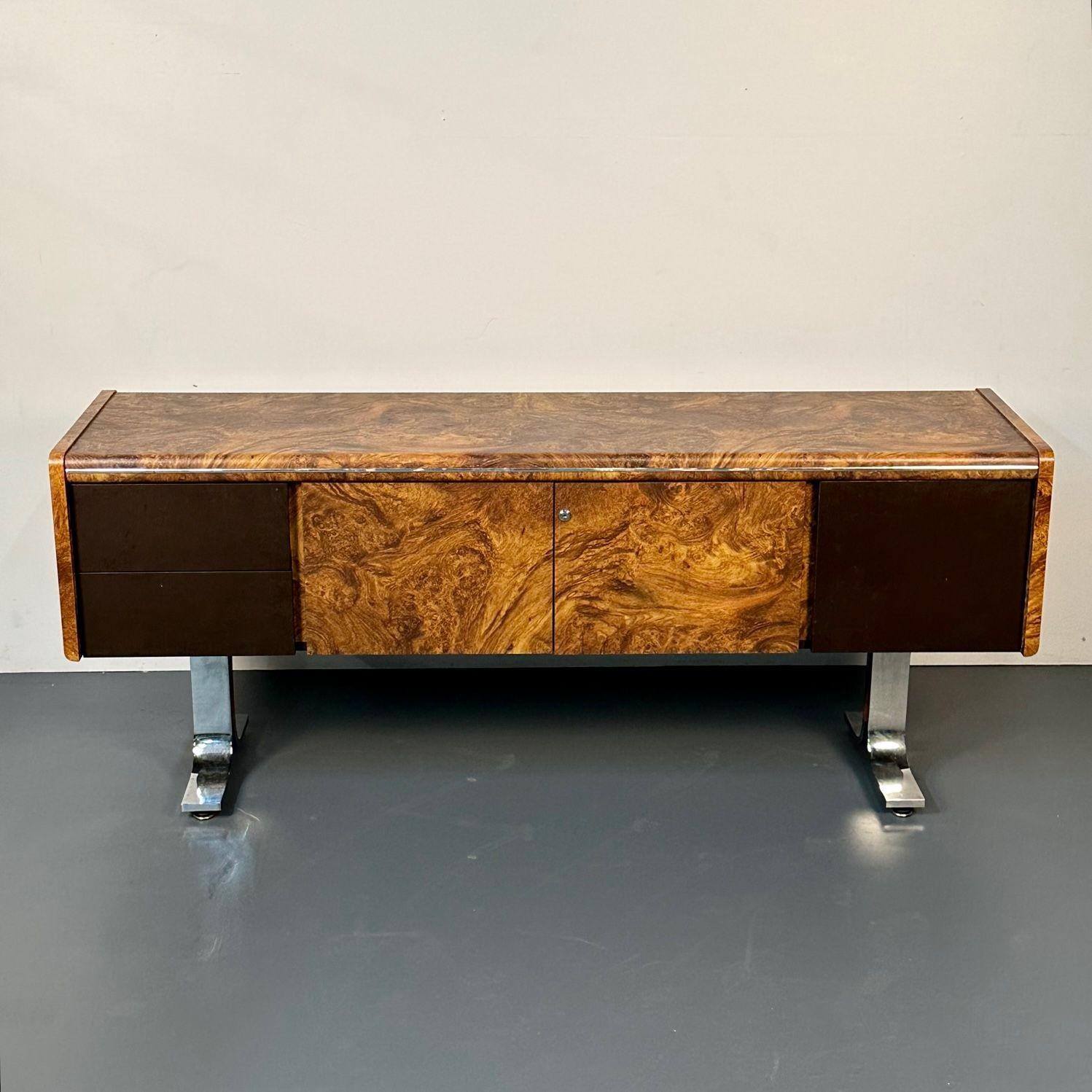 Mid-Century Modern Herman Miller Style Sideboard / Credenza / Cabinet, Burlwood
 
Mid-century cabinet with all original hardware and wood from the time period. This sideboard featured a curly burlwood case flanked by three drawers (one side having