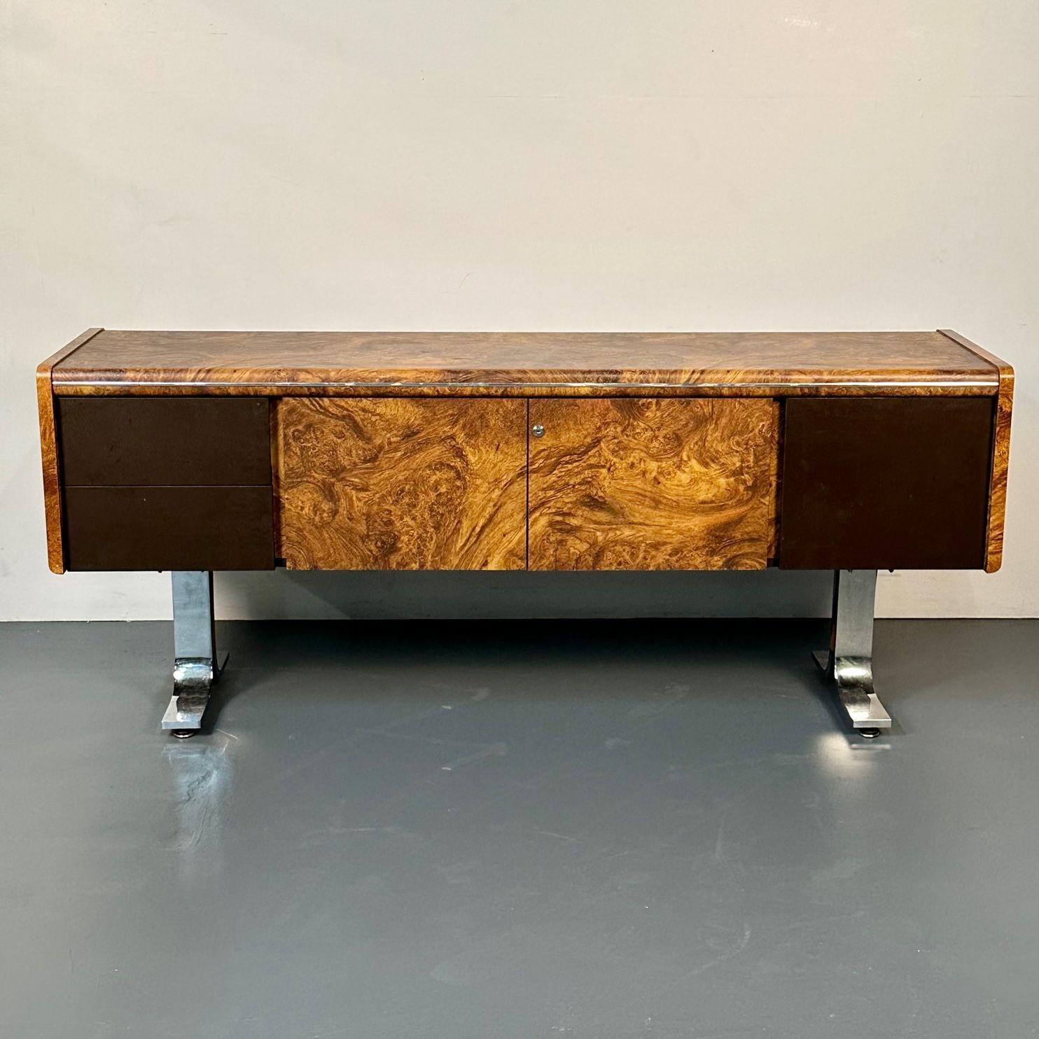 Canadian Leif Jacobsen Style, Mid-Century Modern, Credenza, Burlwood, Canada, 1950s For Sale