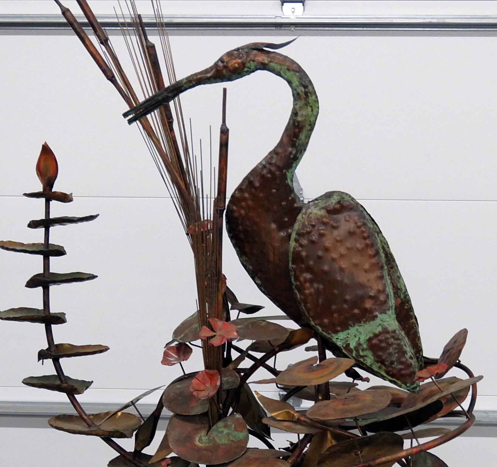 Mid-Century Modern metal heron fountain/sculpture attributed to Curtis Jere.