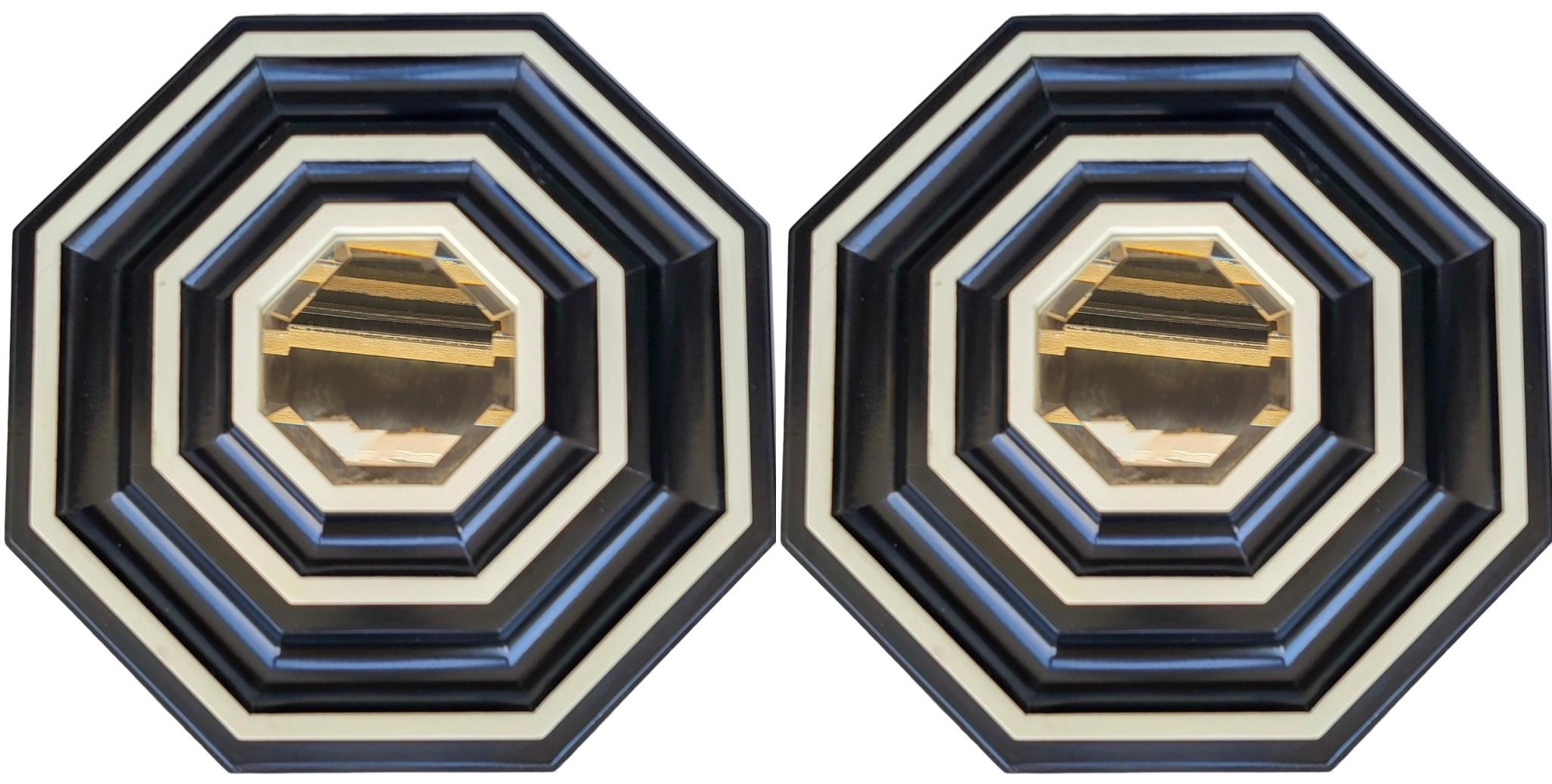 20th Century Mid-Century Modern Hexagon Form Ebonized Bullseye Beveled Wall Mirrors - Pair For Sale