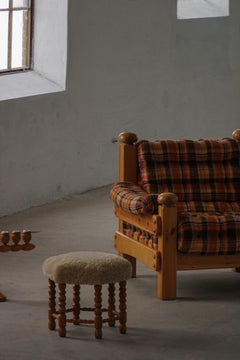 Mid-Century Modern Hexagon Oak Stool with Lambswool Seat & Bobbin Legs, 1950s