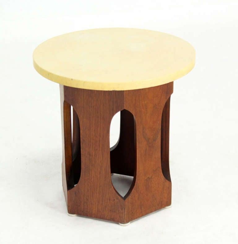 Mid-Century Modern Hexagon Oiled Walnut Base Round Top Side End Table Stand Pedestal