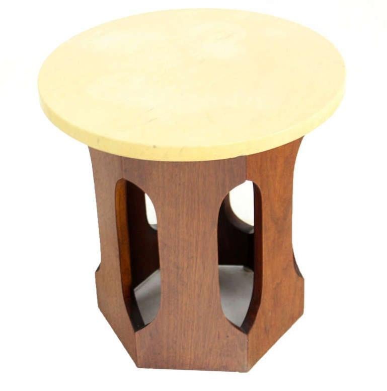 American Mid-Century Modern Hexagon Oiled Walnut Base Round Top Side End Table Stand  For Sale