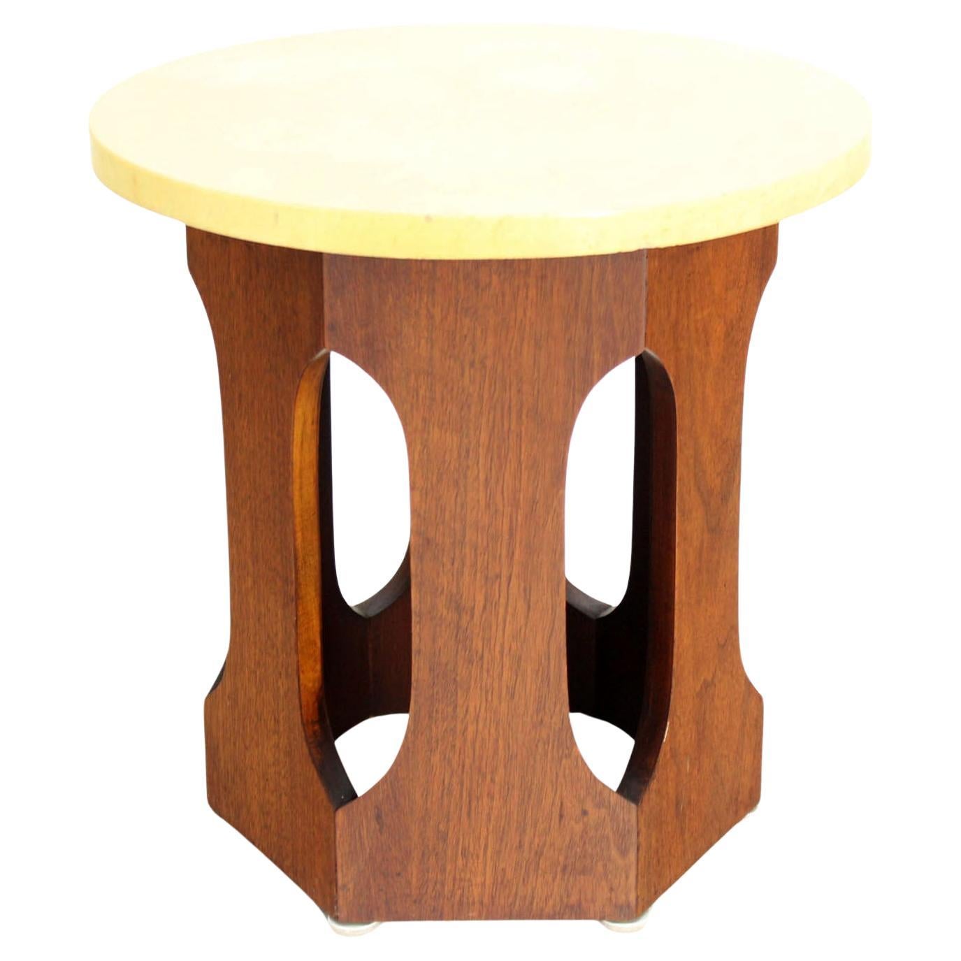 Mid-Century Modern Hexagon Oiled Walnut Base Round Top Side End Table Stand  For Sale