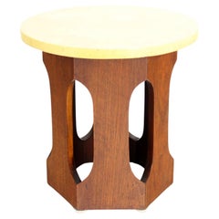 Vintage Mid-Century Modern Hexagon Oiled Walnut Base Round Top Side End Table Stand 