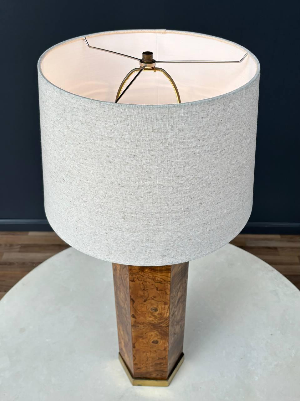 American Mid-Century Modern Hexagonal Burl Wood & Brass Table Lamp For Sale