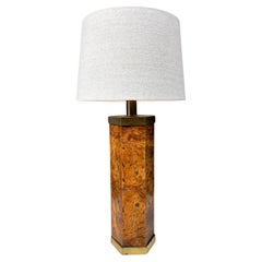 Mid-Century Modern Hexagonal Burl Wood & Brass Table Lamp