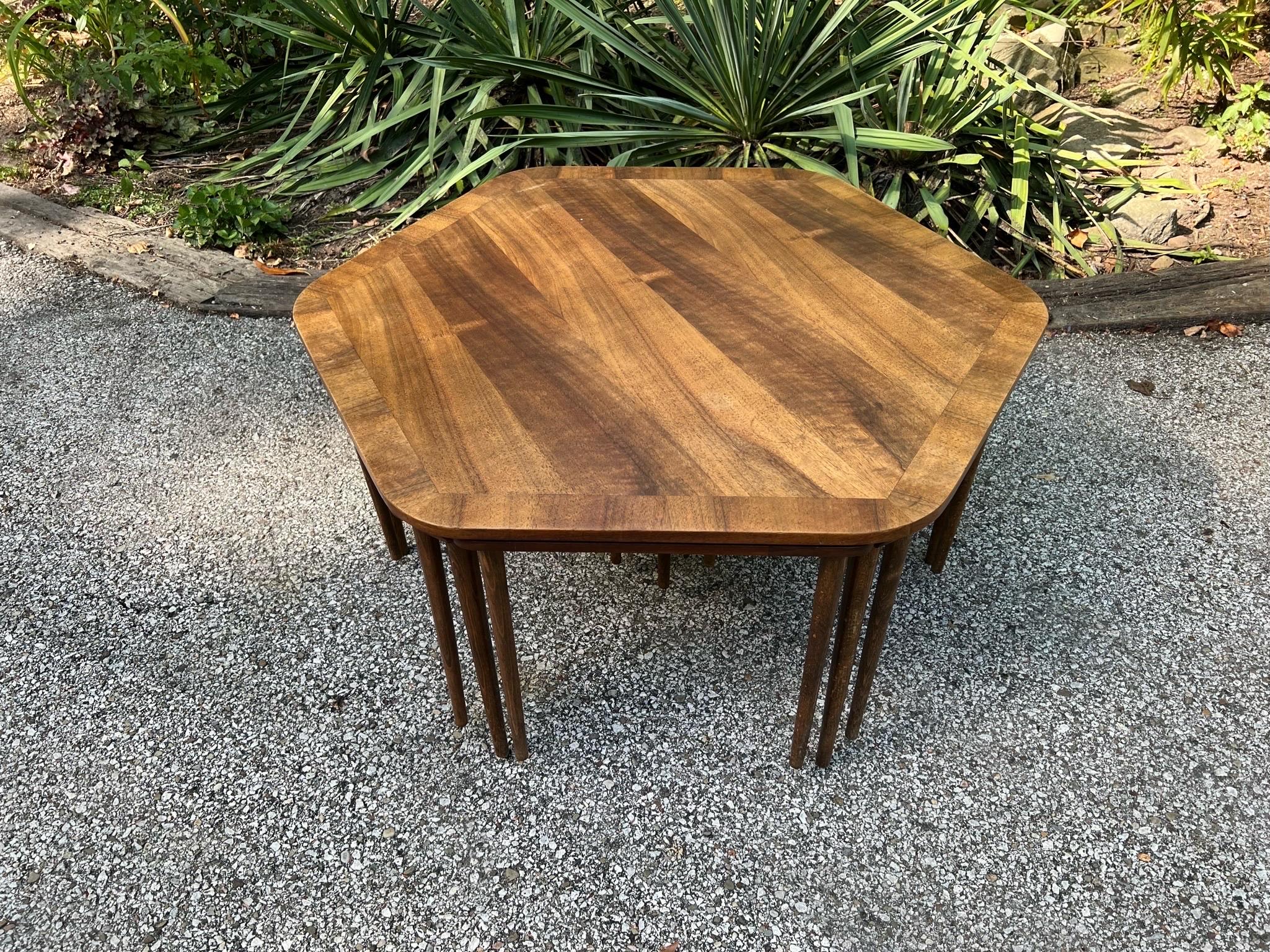 Macedonian Mid-Century Modern Hexagonal Coffee Table + Six Nesting Tables For Sale