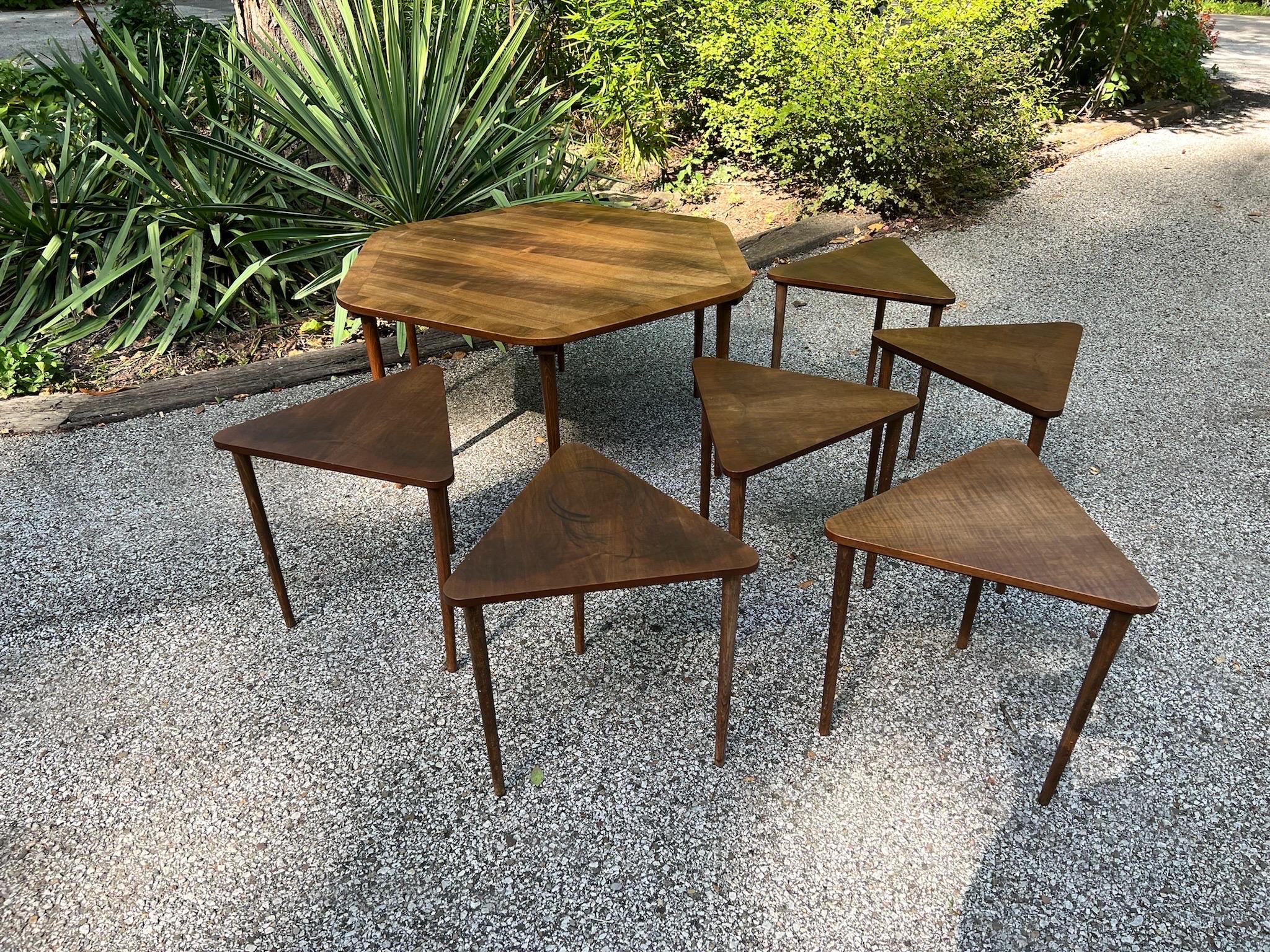 Mid-Century Modern Hexagonal Coffee Table + Six Nesting Tables In Good Condition For Sale In Akron, OH