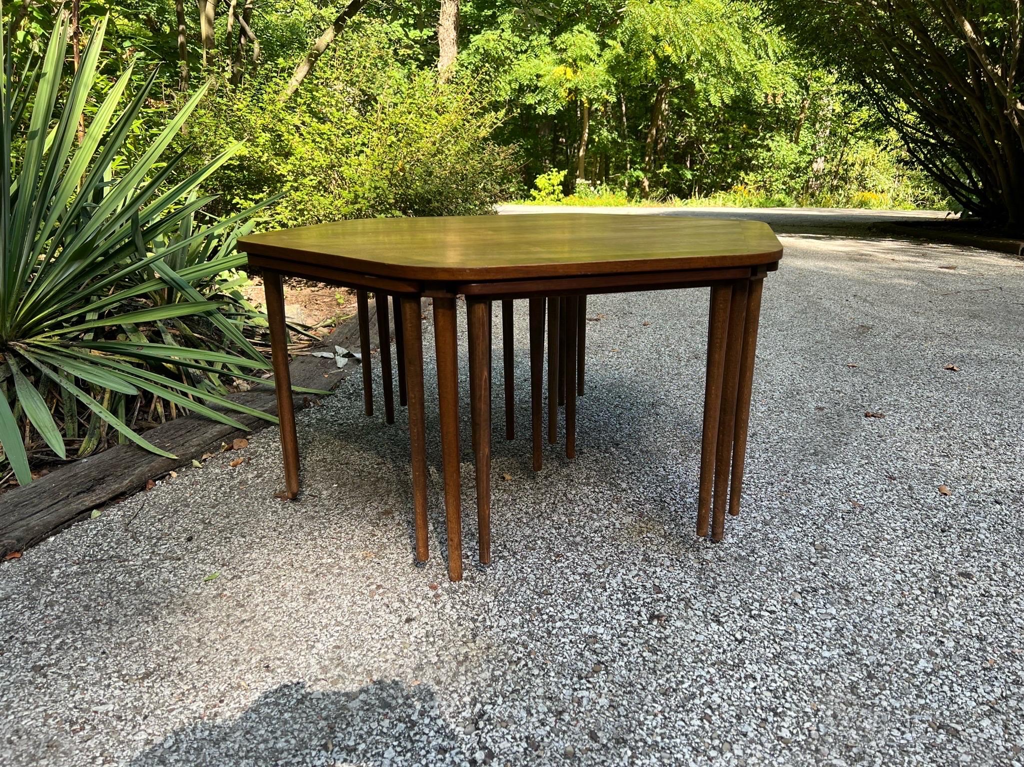 Mid-20th Century Mid-Century Modern Hexagonal Coffee Table + Six Nesting Tables For Sale