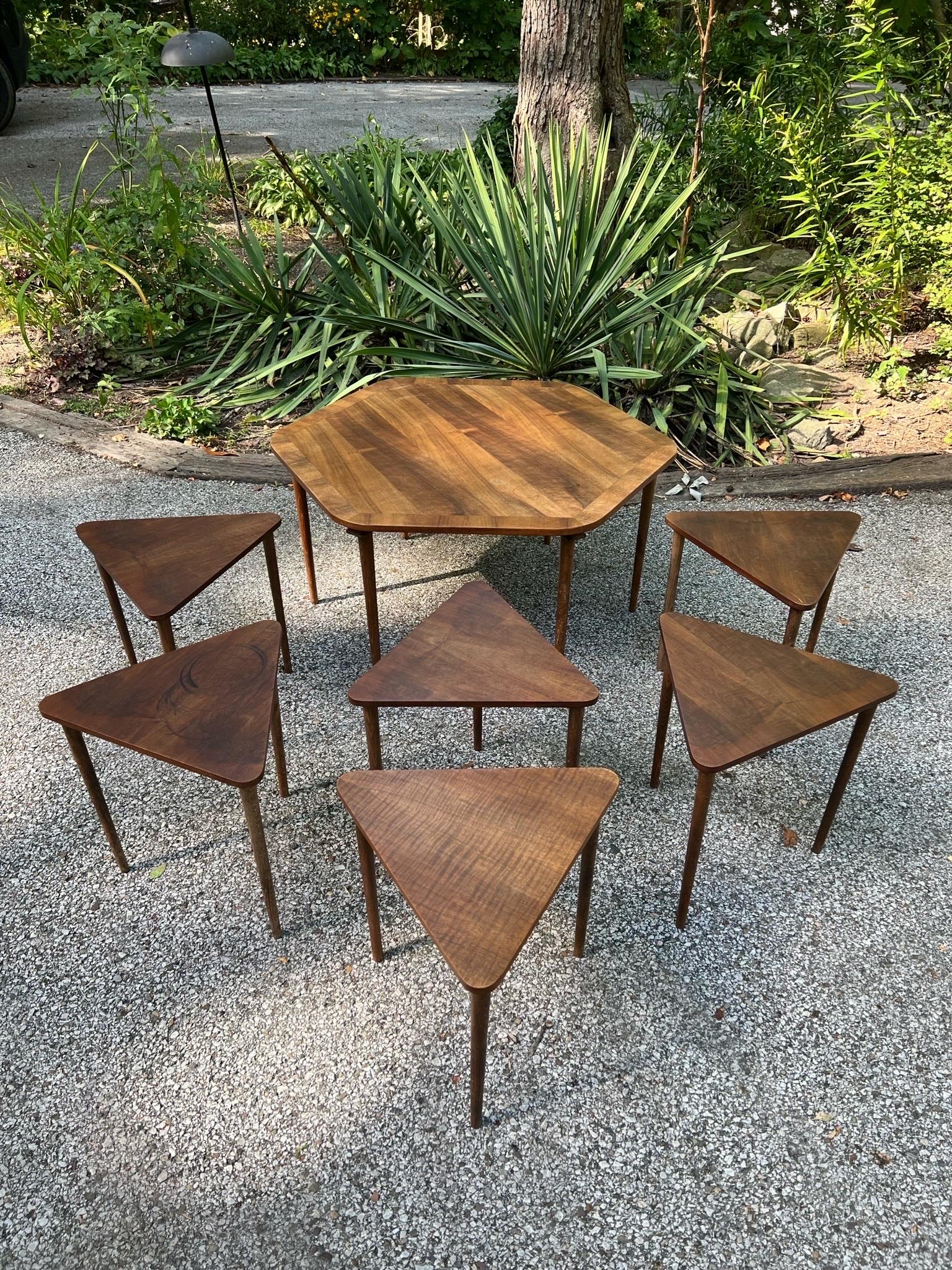 Mid-Century Modern Hexagonal Coffee Table + Six Nesting Tables For Sale 1
