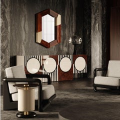 Mid-Century Modern Hexagonal Mirror Wood Frame Marquetry, Root Walnut & Bird Eye
