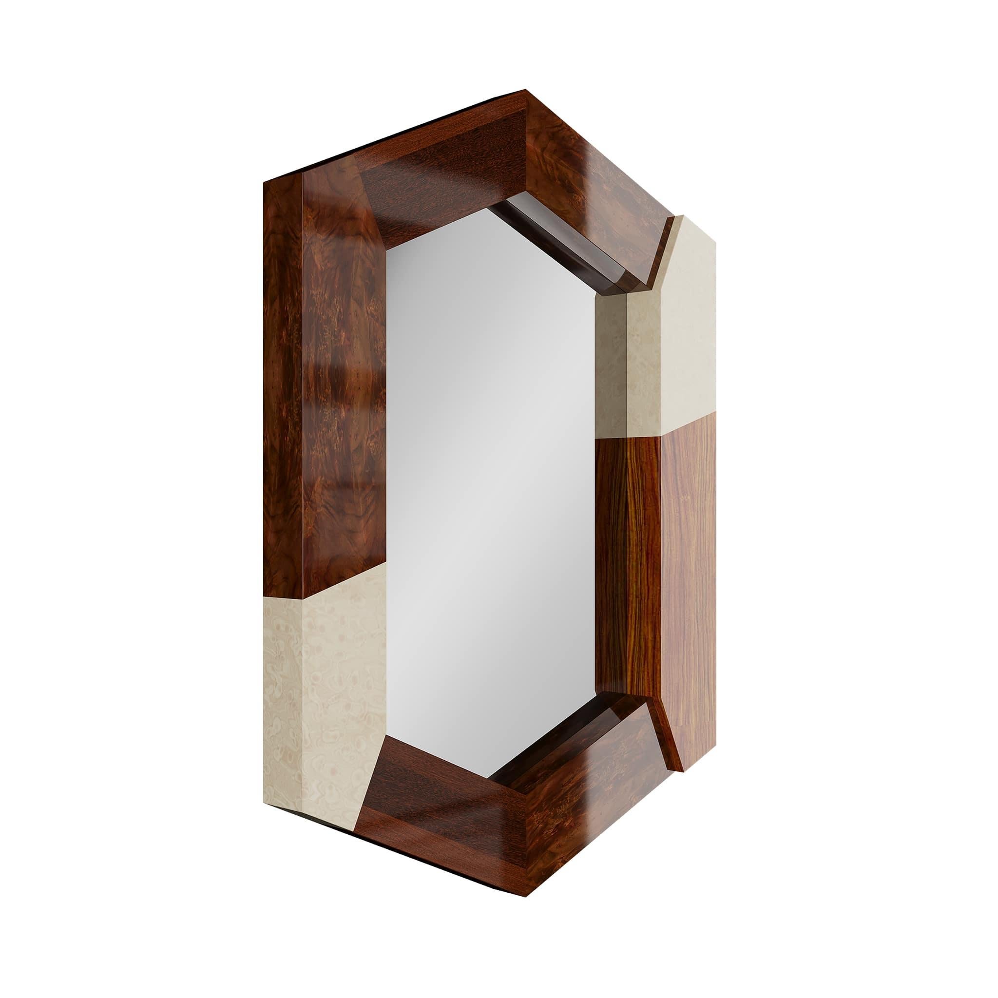 Mid-Century Modern Miroir hexagonal The Modernity Wood Wood Frame Marqueterie, Roots Walnut & Bird Eye en vente