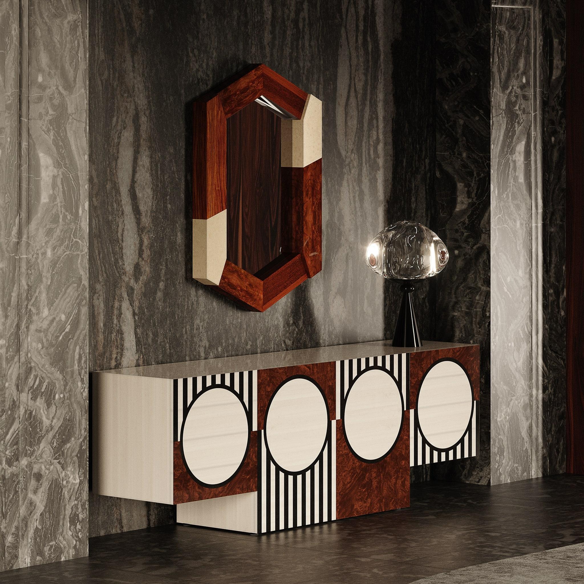 Portugais Miroir hexagonal The Modernity Wood Wood Frame Marqueterie, Roots Walnut & Bird Eye en vente