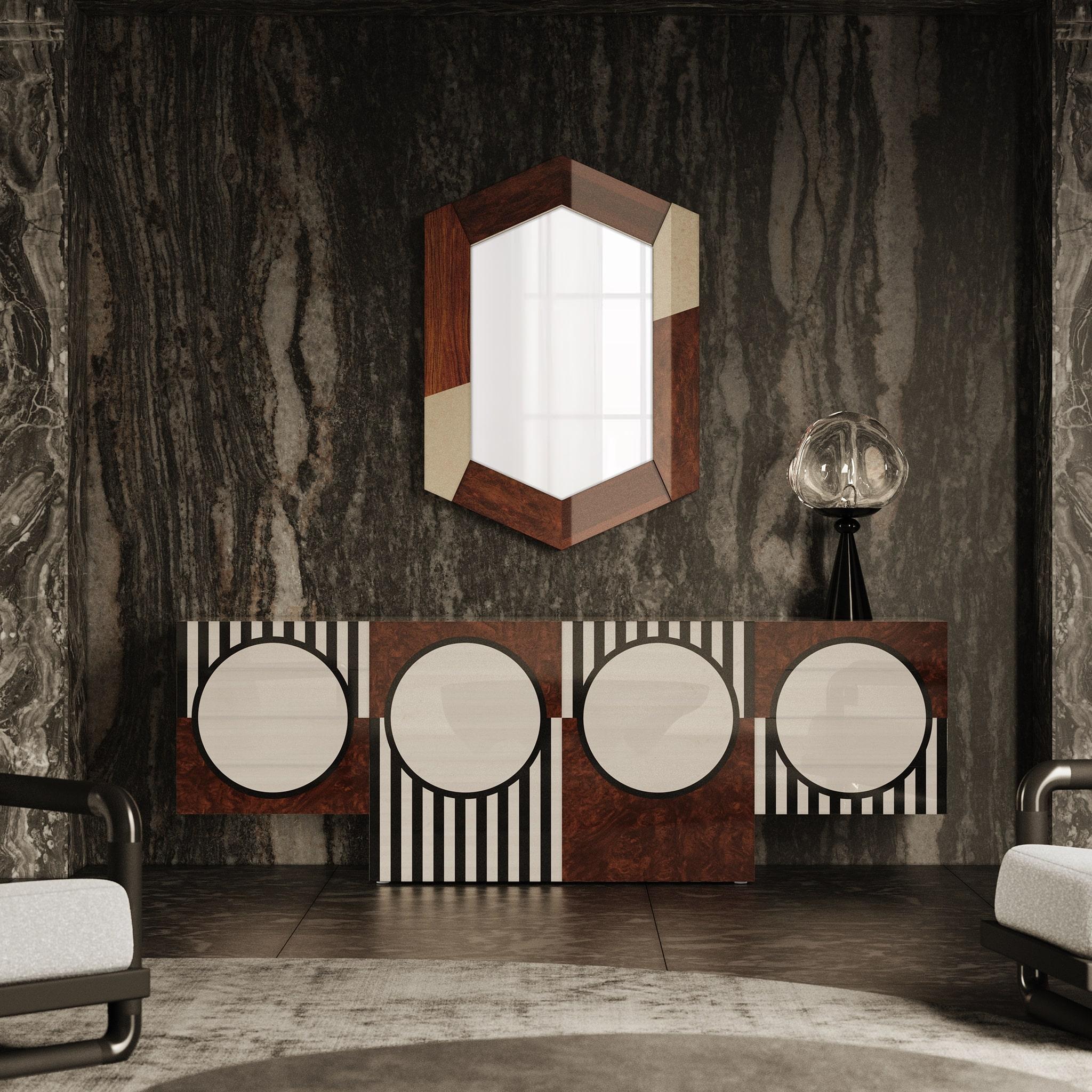 Miroir hexagonal The Modernity Wood Wood Frame Marqueterie, Roots Walnut & Bird Eye Neuf - En vente à Porto, PT