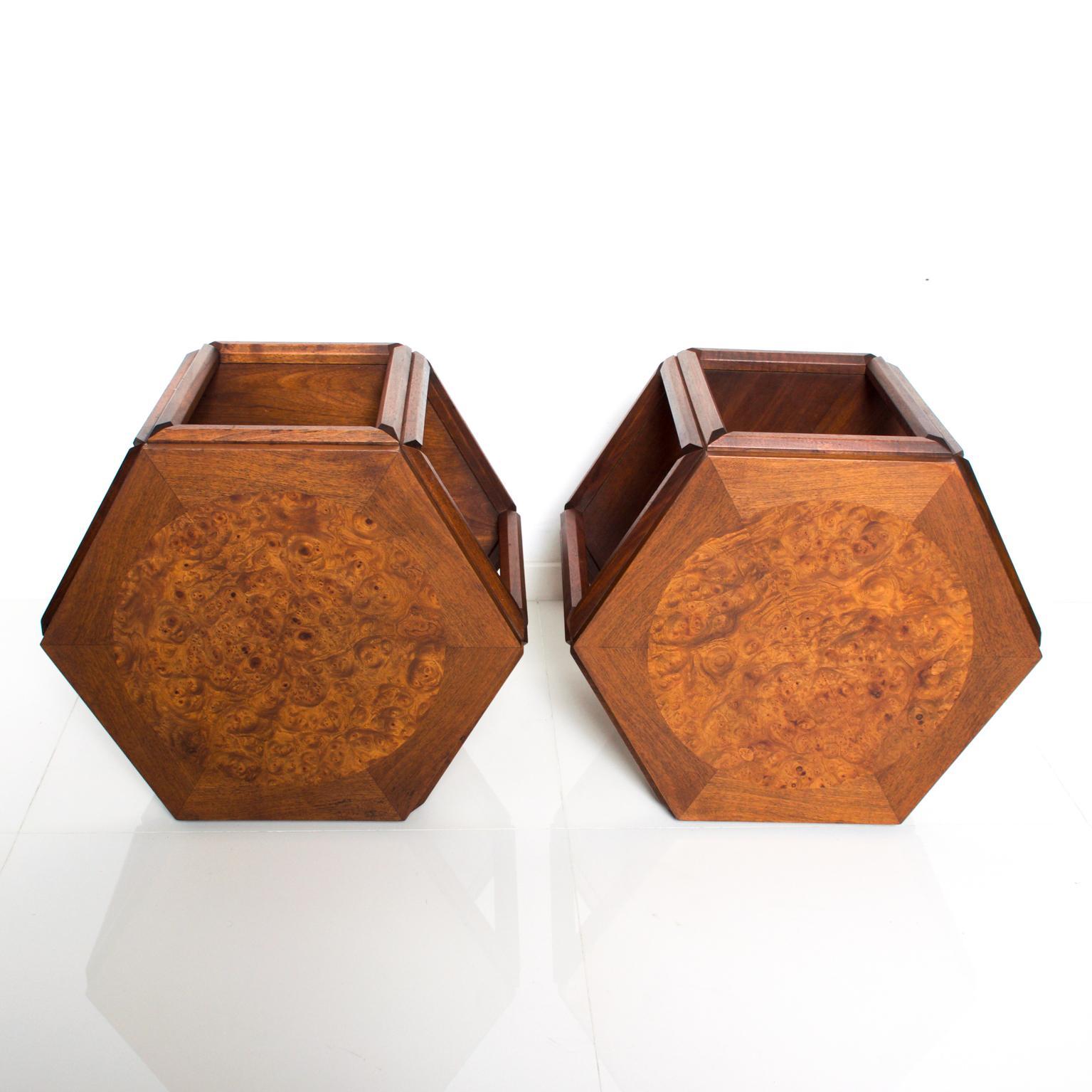 American Hexagonal Side Tables in Walnut with Burlwood Top by John Keal for Brown Saltman