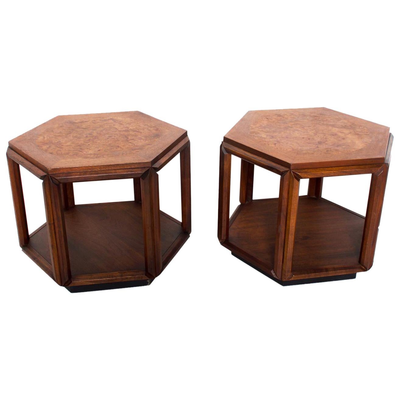 Hexagonal Side Tables in Walnut with Burlwood Top by John Keal for Brown Saltman