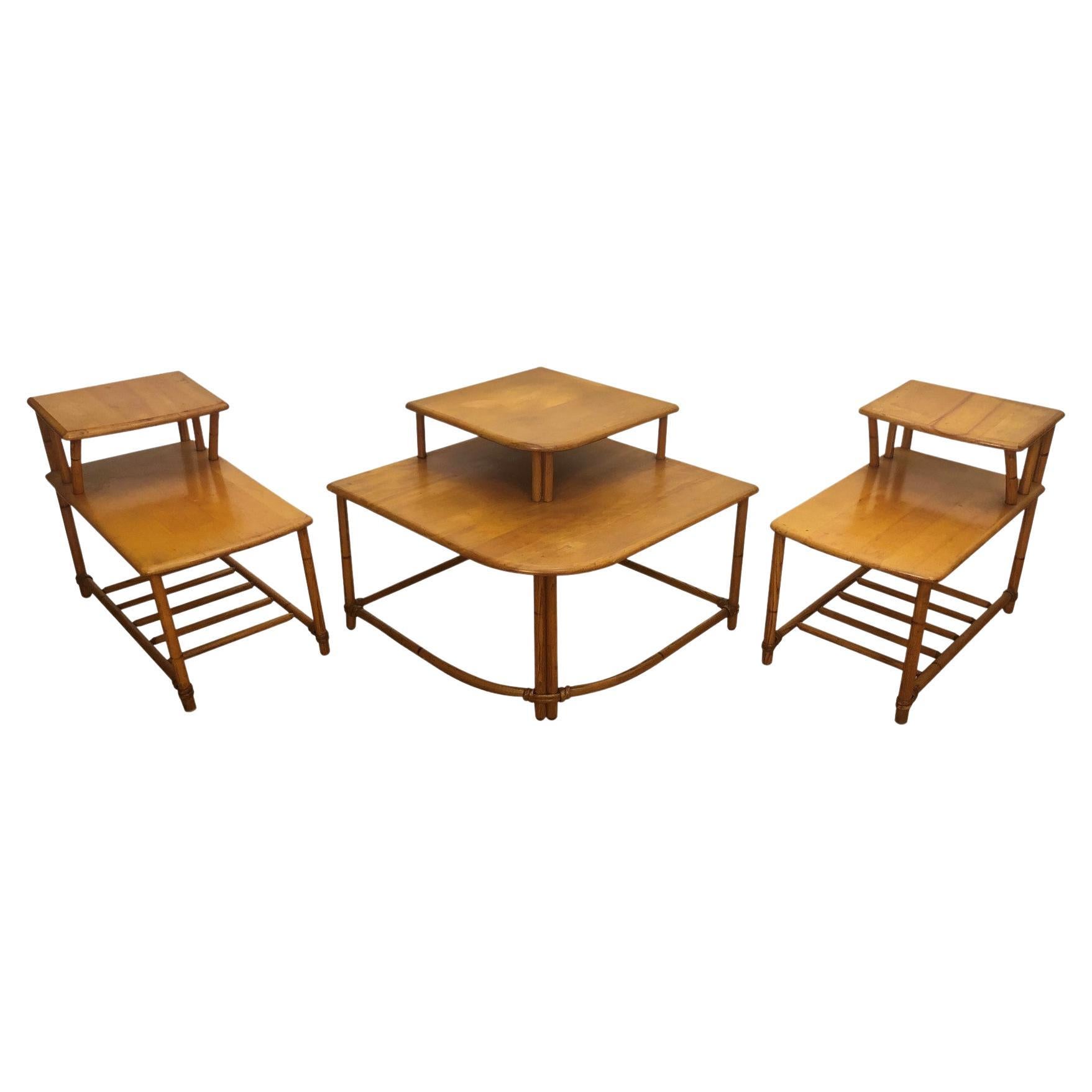 Heywood-Wakefield ensemble de tables modernes en érable du milieu du siècle avec pieds en bambou et chêne