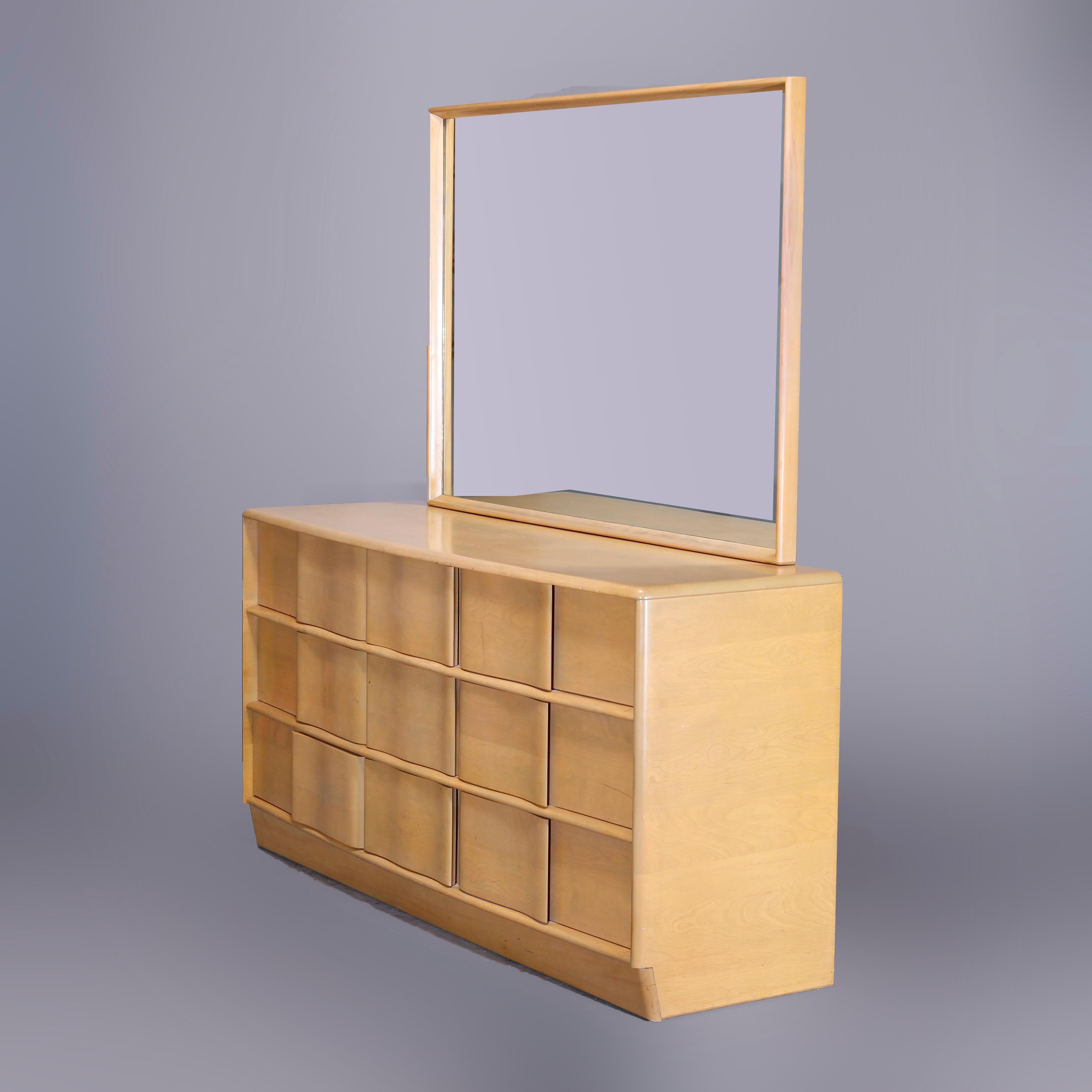 American Mid-Century Modern Heywood Wakefield Sculptura Dresser & Mirror, Platinum, c1950