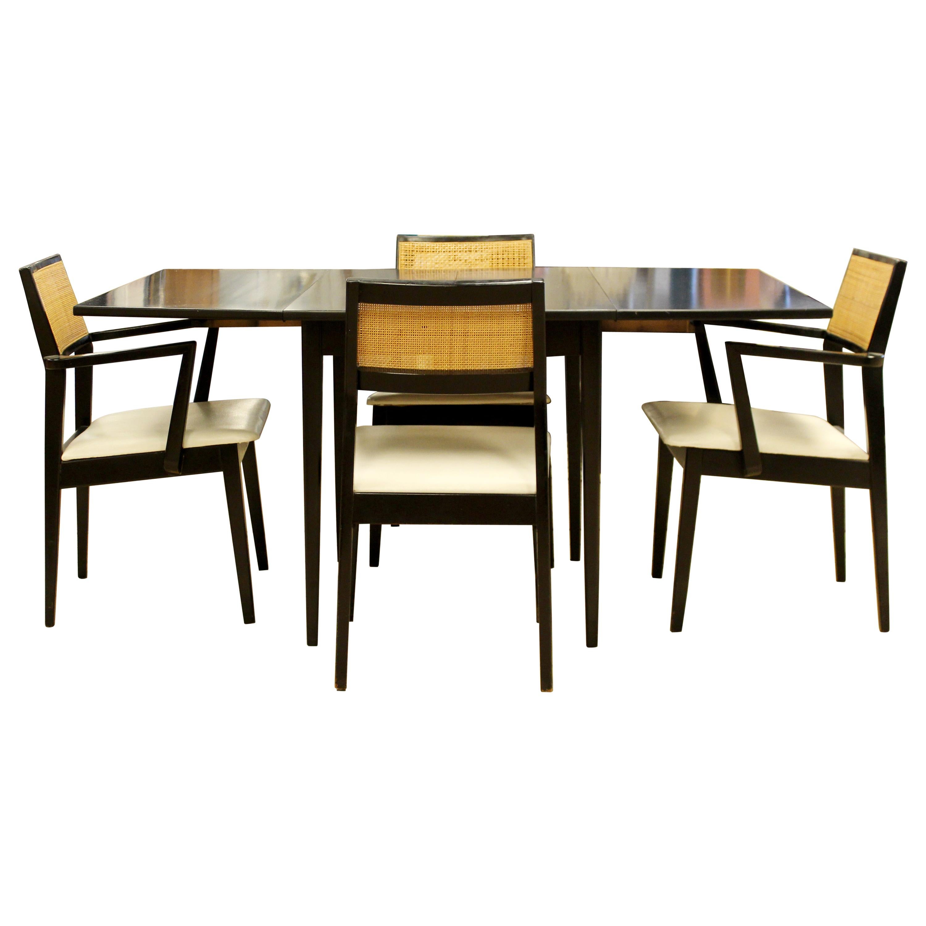Mid-Century Modern Hibriten Black and Cane Dinette Set 4 Chairs 3 Leaves, 1960s