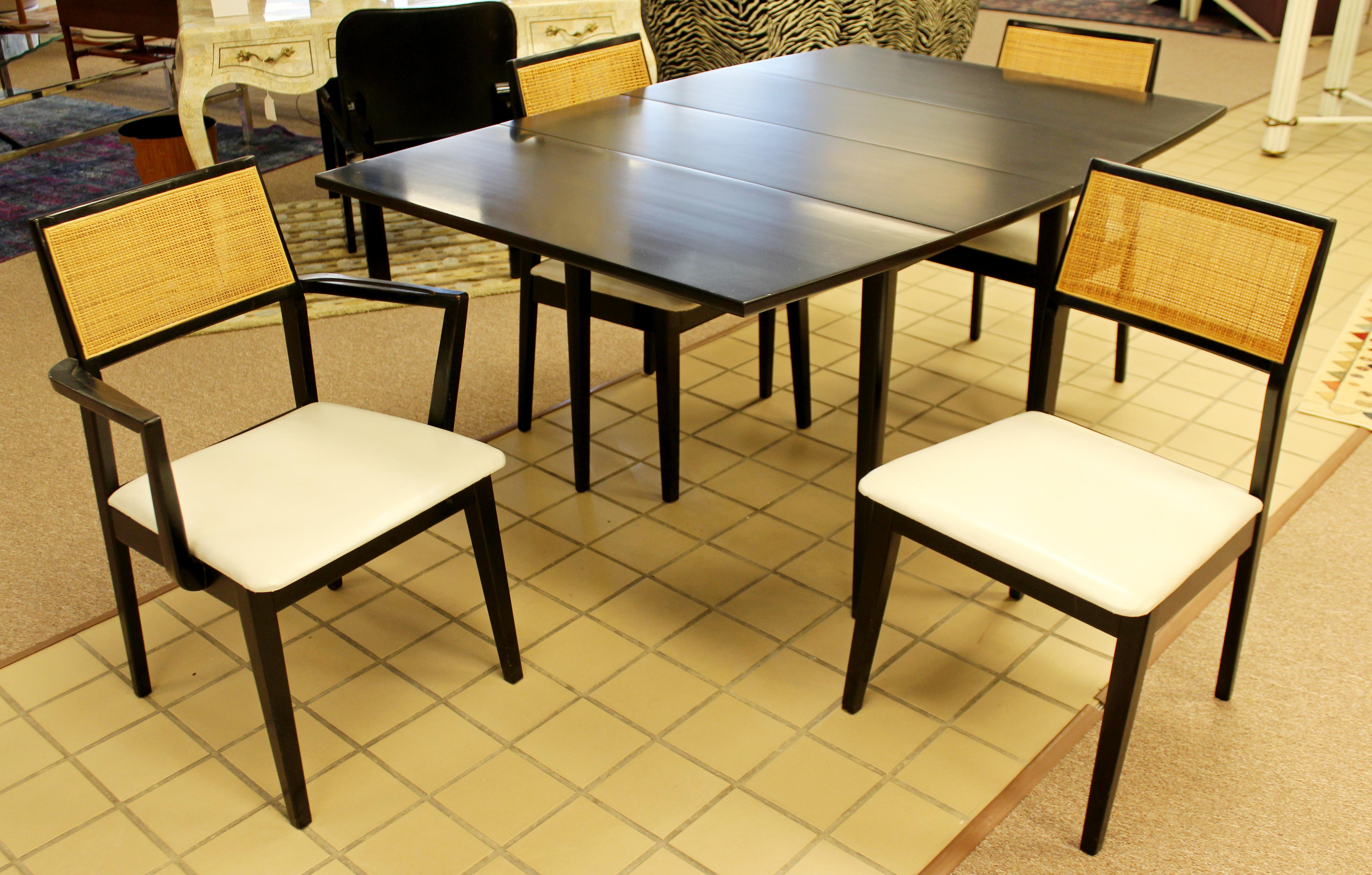 Mid-20th Century Mid-Century Modern Hibriten Black and Cane Dinette Set 4 Chairs 3 Leaves, 1960s