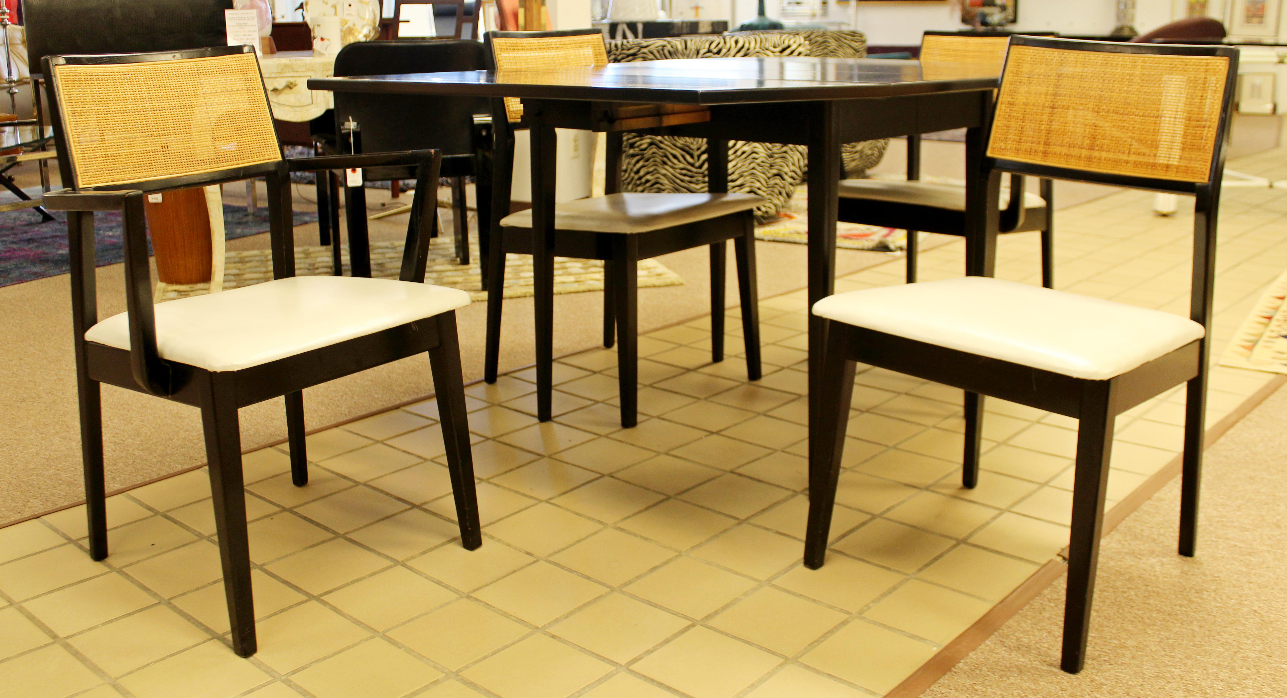 Wood Mid-Century Modern Hibriten Black and Cane Dinette Set 4 Chairs 3 Leaves, 1960s