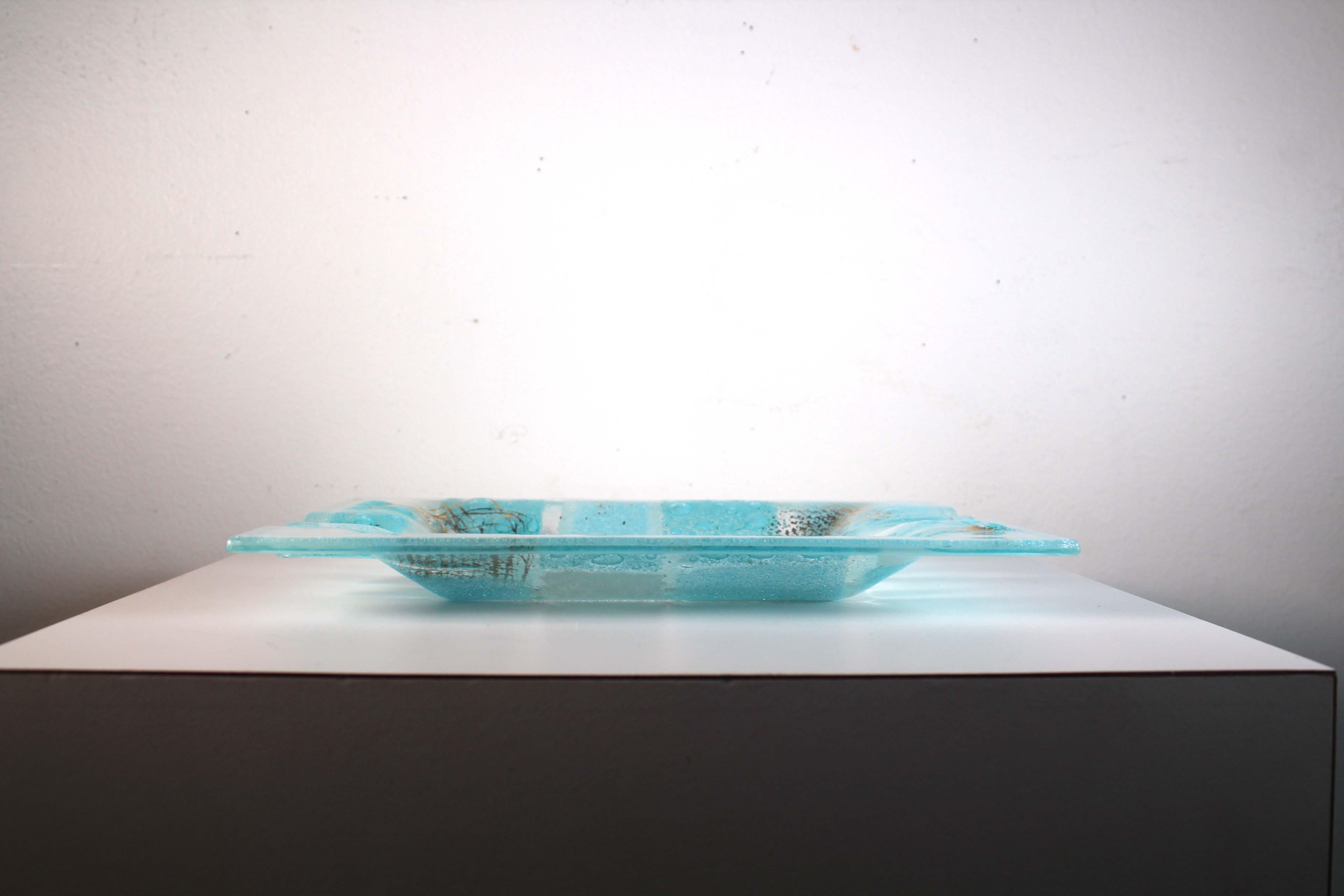 Mid-Century Modern Higgins Fused Art Glass Tray Baby Blue, White, and Gold For Sale 5