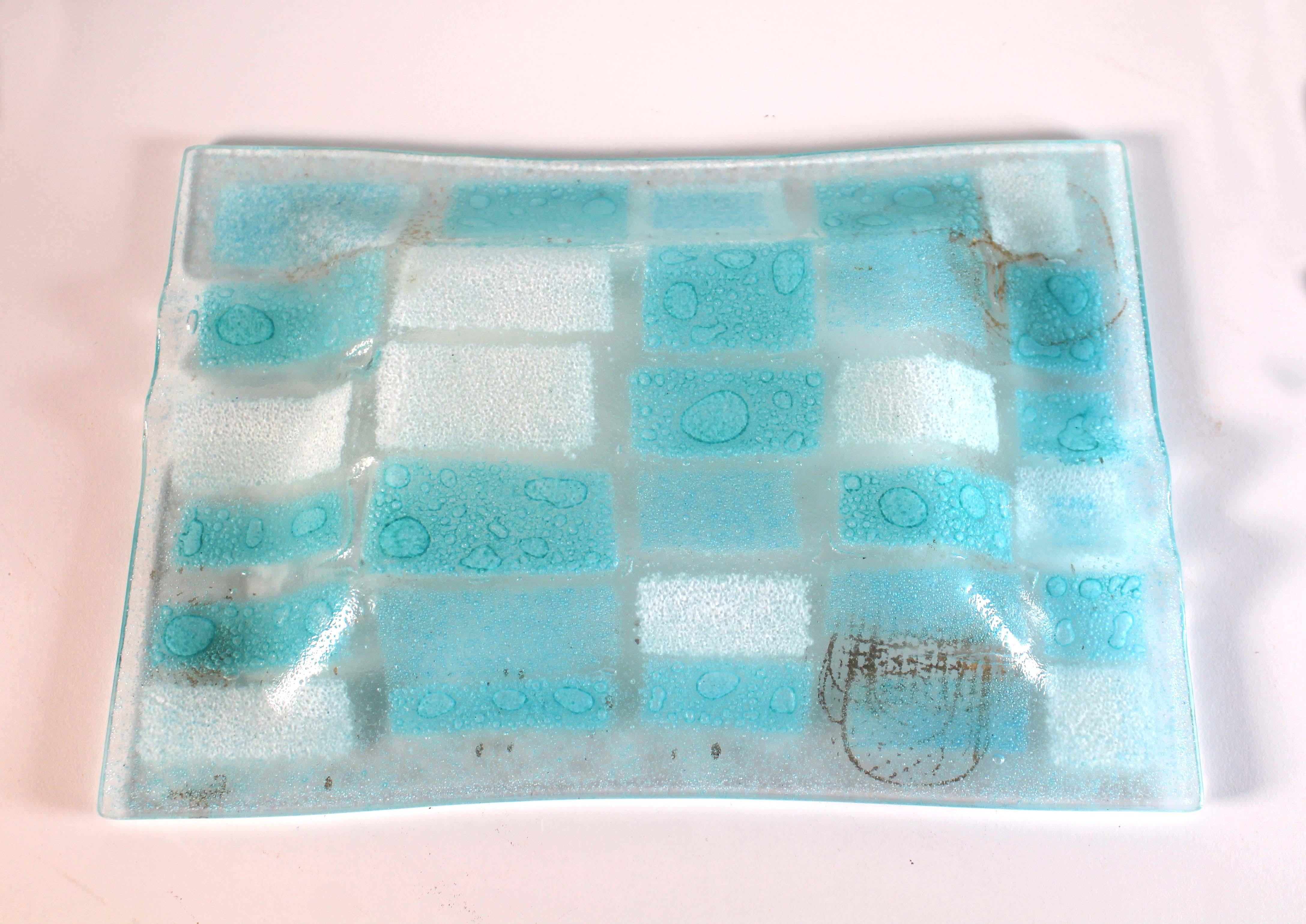 Mid-Century Modern Higgins Fused Art Glass Tray Baby Blue, White, and Gold For Sale 6