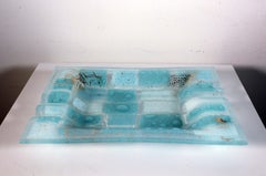 Mid-Century Modern Higgins Fused Art Glass Tray Baby Blue, White, and Gold