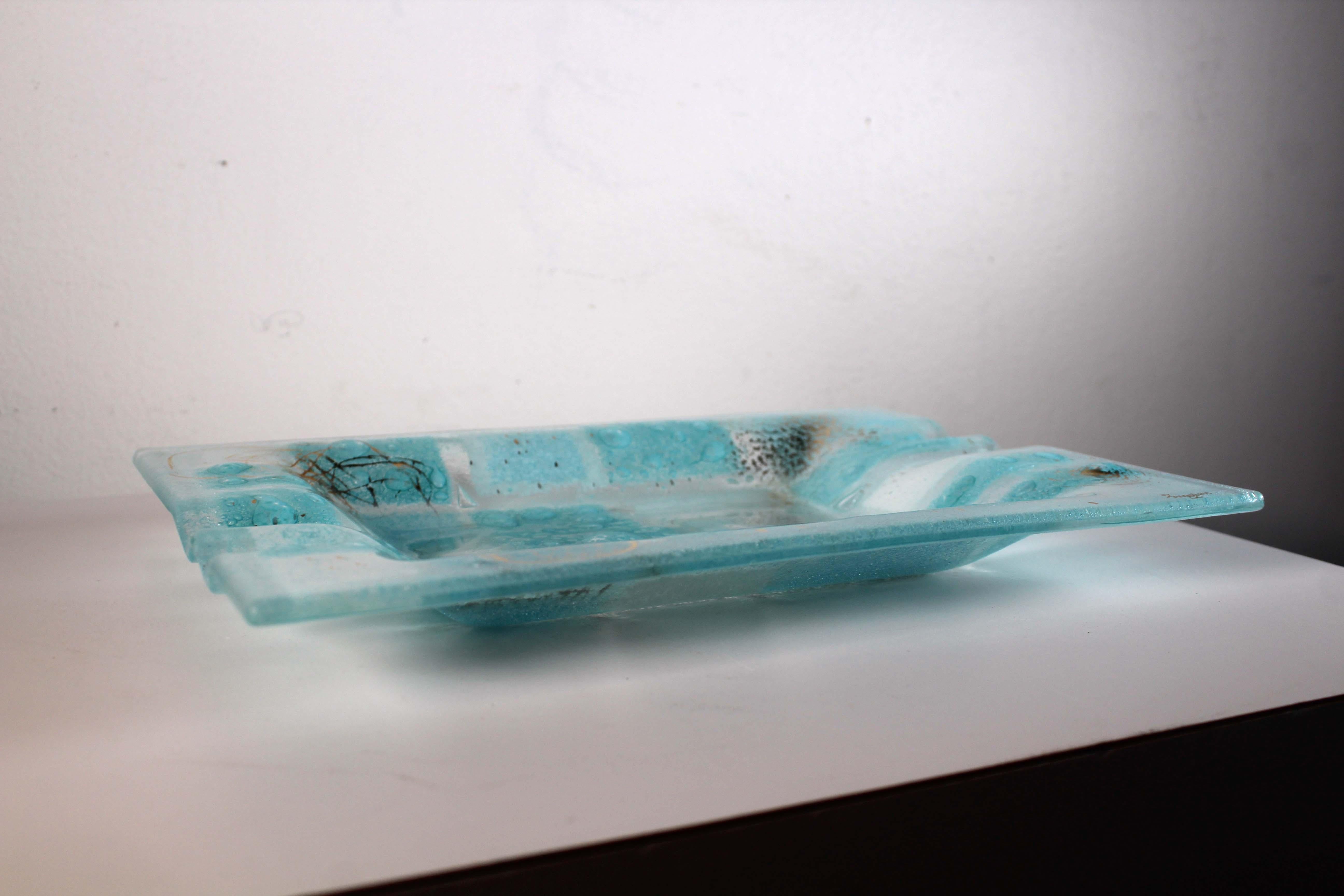 20th Century Mid-Century Modern Higgins Fused Art Glass Tray Baby Blue, White, and Gold For Sale