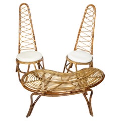 Mid-Century Modern High Back Rattan Chairs and Table, Italy 1960s