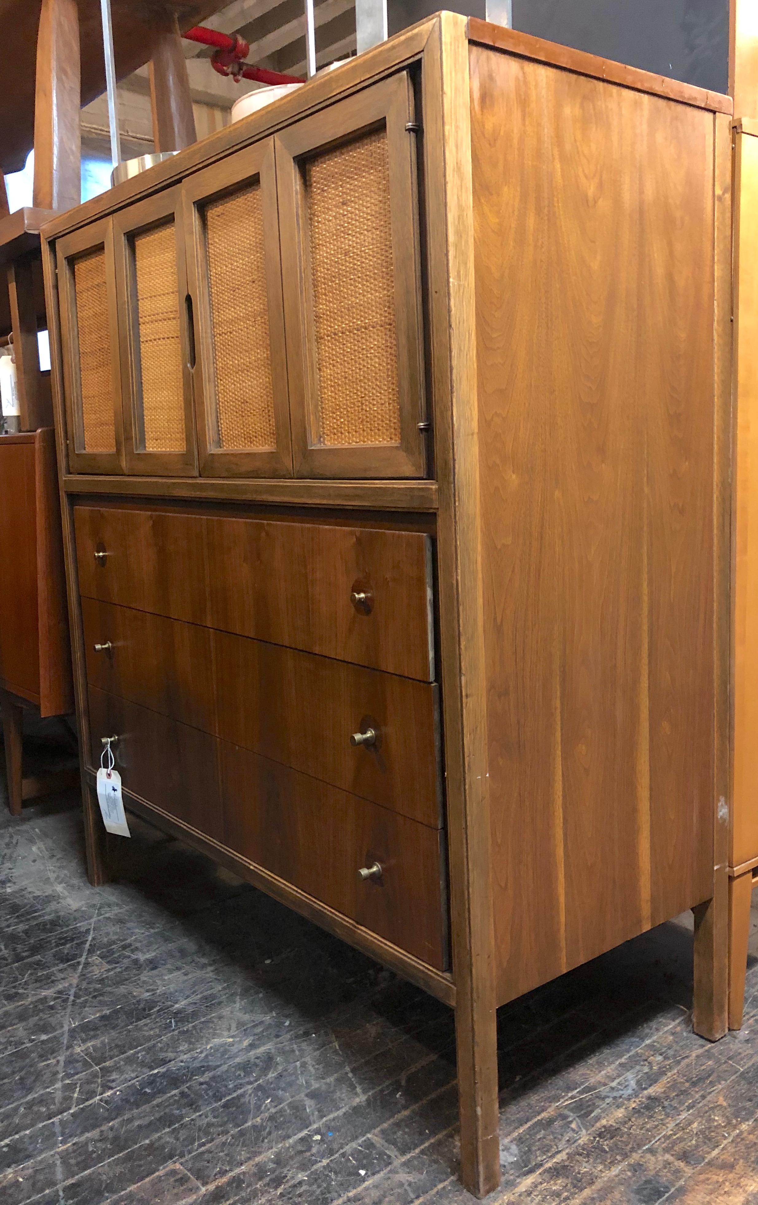 American Mid-Century Modern High Boy Dresser with Cane Doors